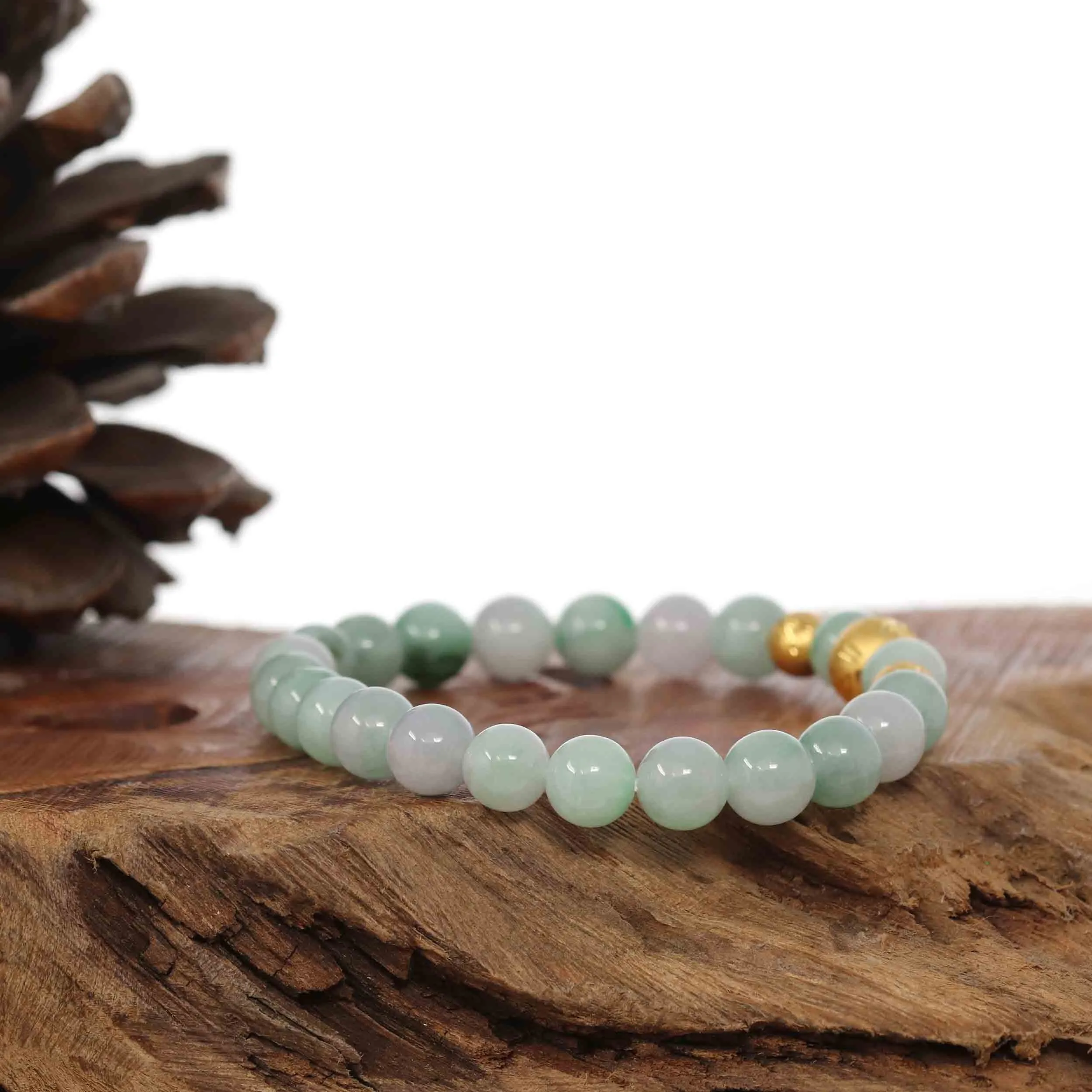 24K Pure Yellow Gold Star Beads With Genuine Green Jade Round Beads Bracelet ( 7.5 mm )