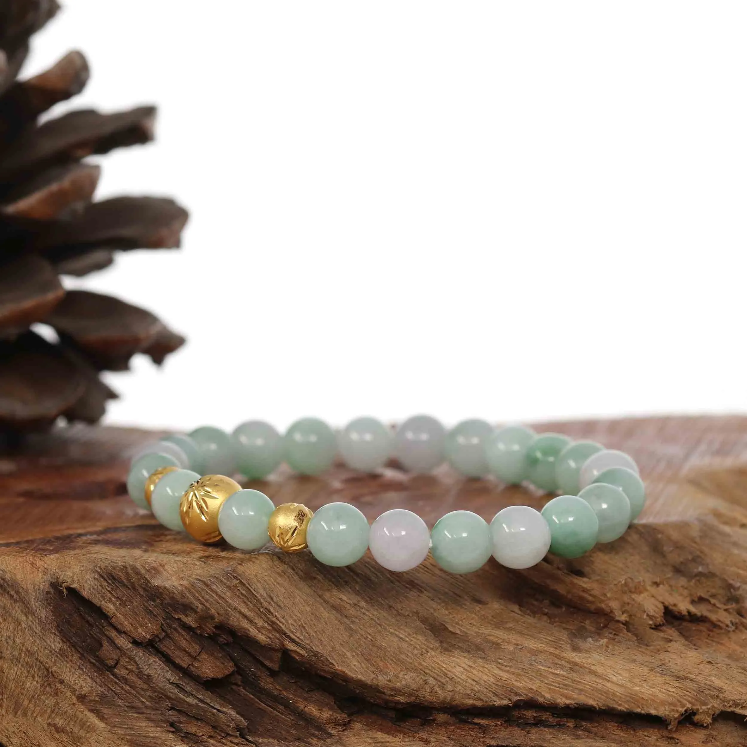24K Pure Yellow Gold Star Beads With Genuine Green Jade Round Beads Bracelet ( 7.5 mm )