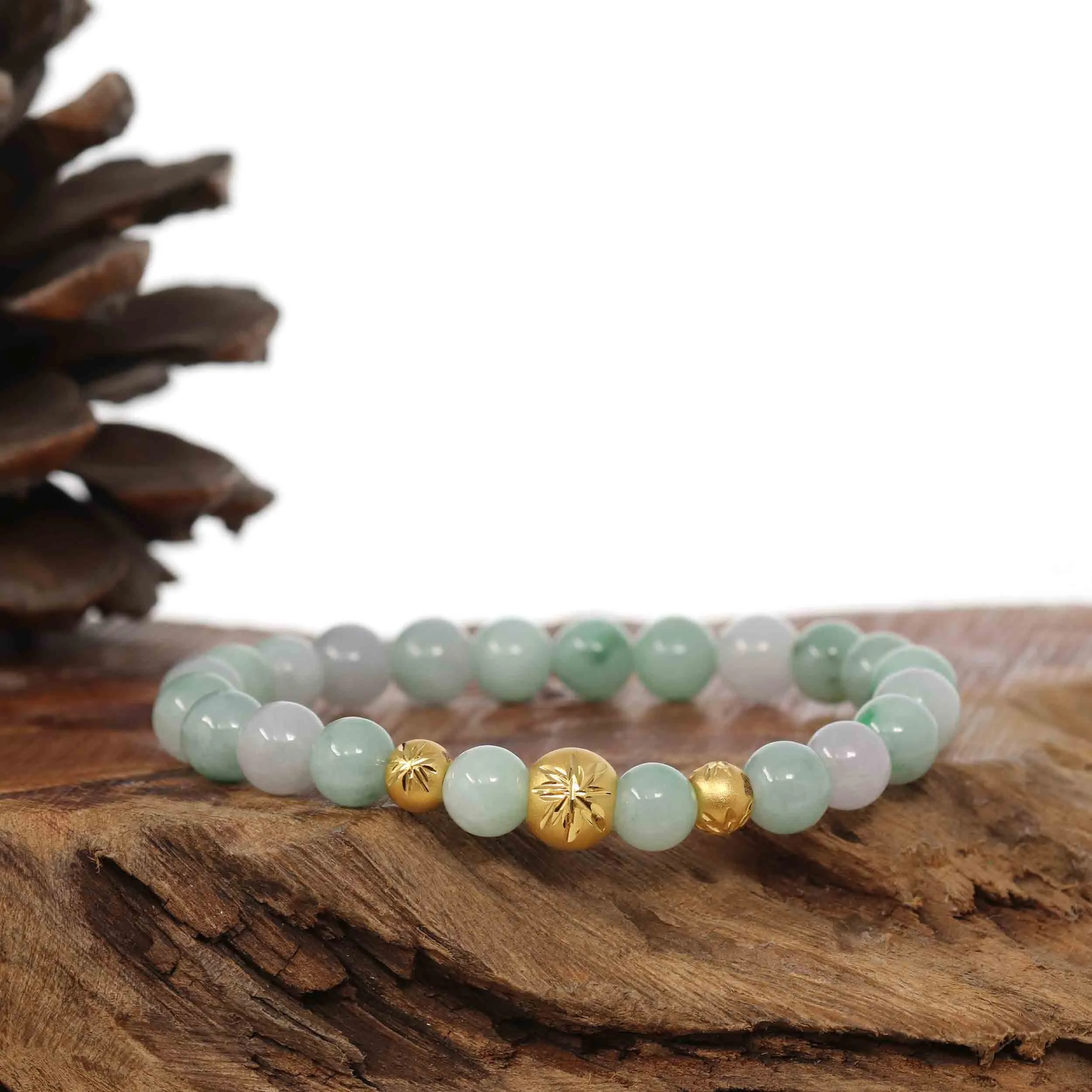 24K Pure Yellow Gold Star Beads With Genuine Green Jade Round Beads Bracelet ( 7.5 mm )