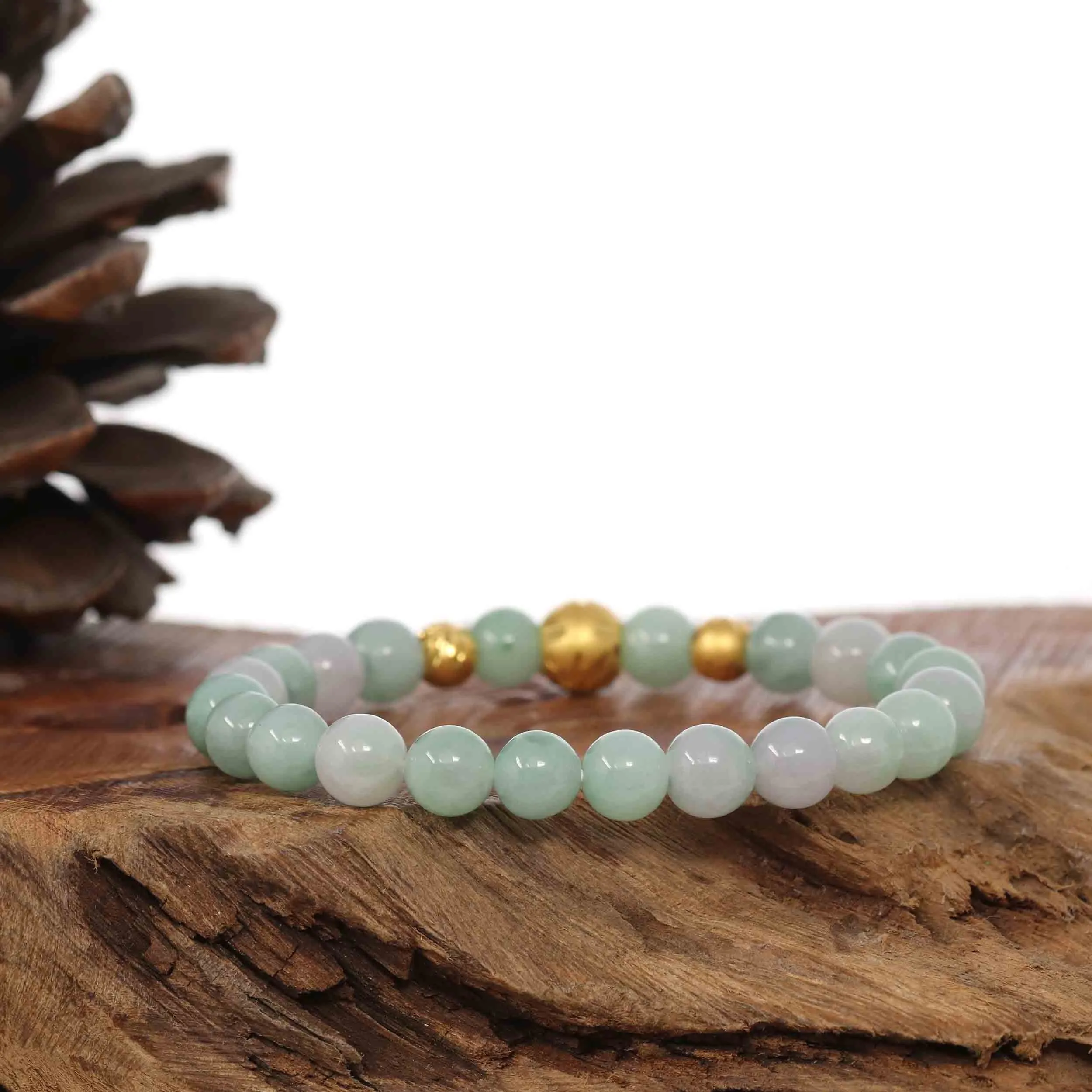 24K Pure Yellow Gold Star Beads With Genuine Green Jade Round Beads Bracelet ( 7.5 mm )