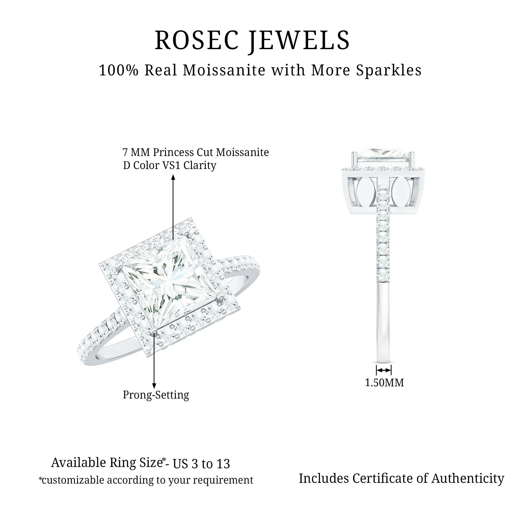 2.50 CT Princess Cut Moissanite Halo Engagement Ring