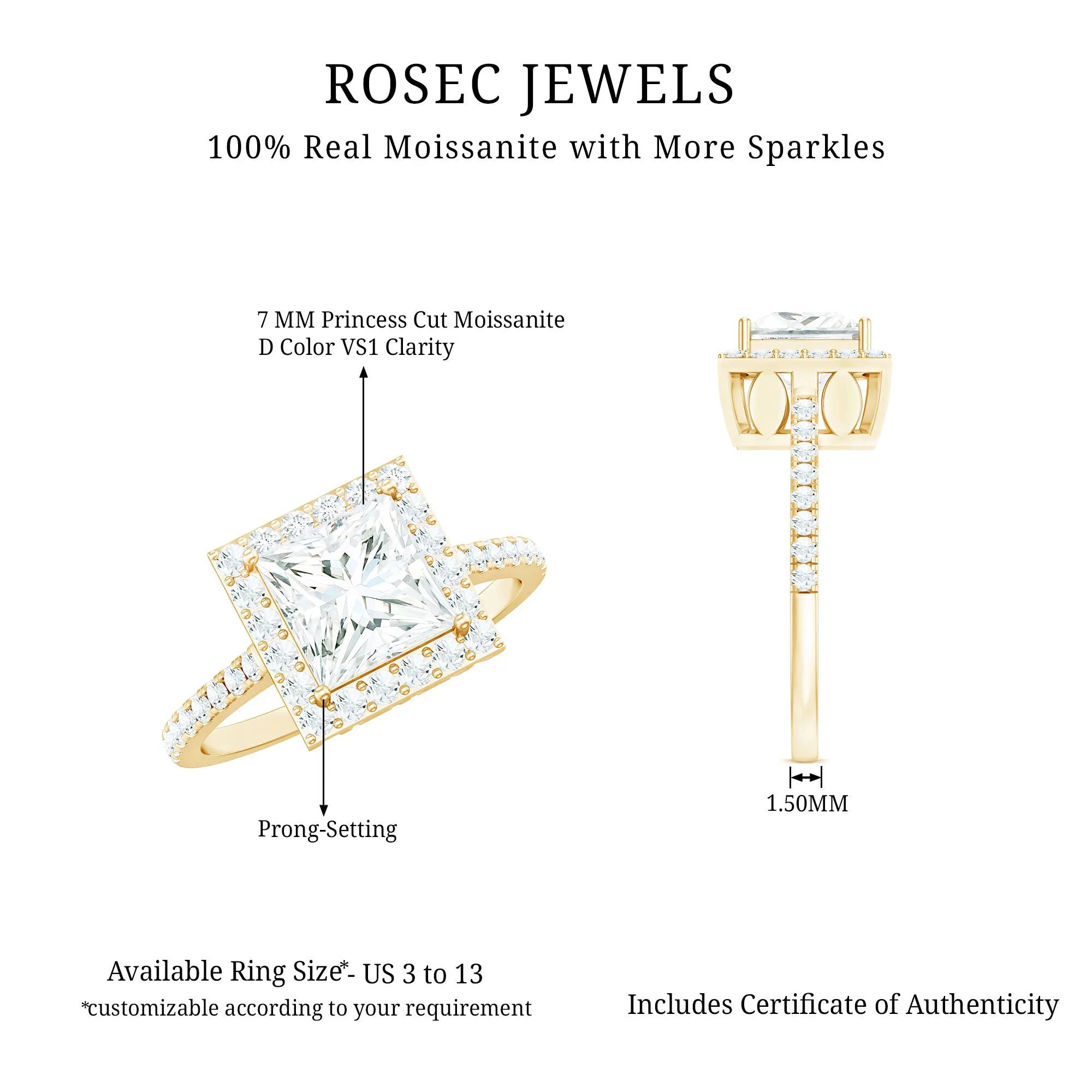2.50 CT Princess Cut Moissanite Halo Engagement Ring