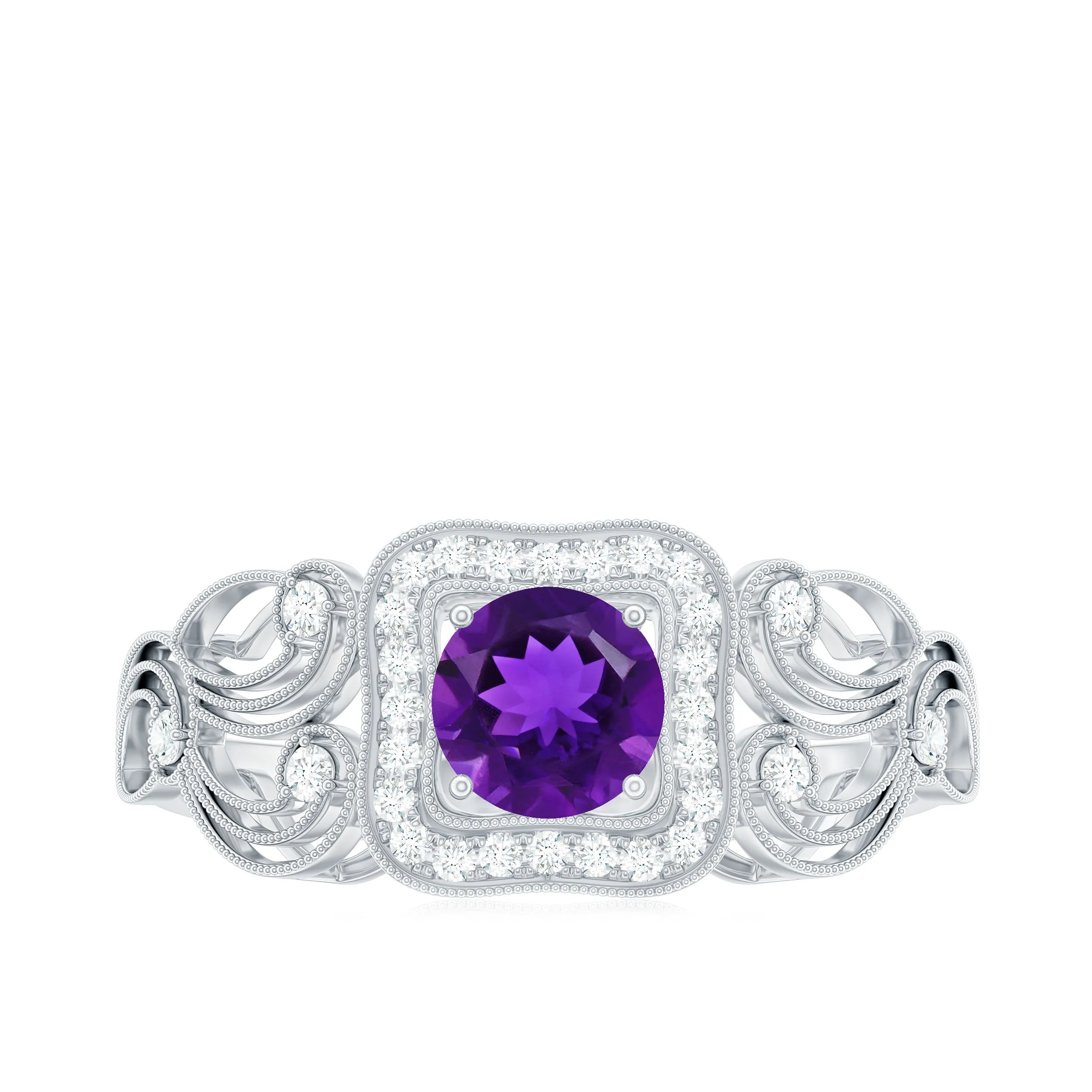 3/4 CT Amethyst and Diamond Art Deco Engagement Ring with Milgrain Details