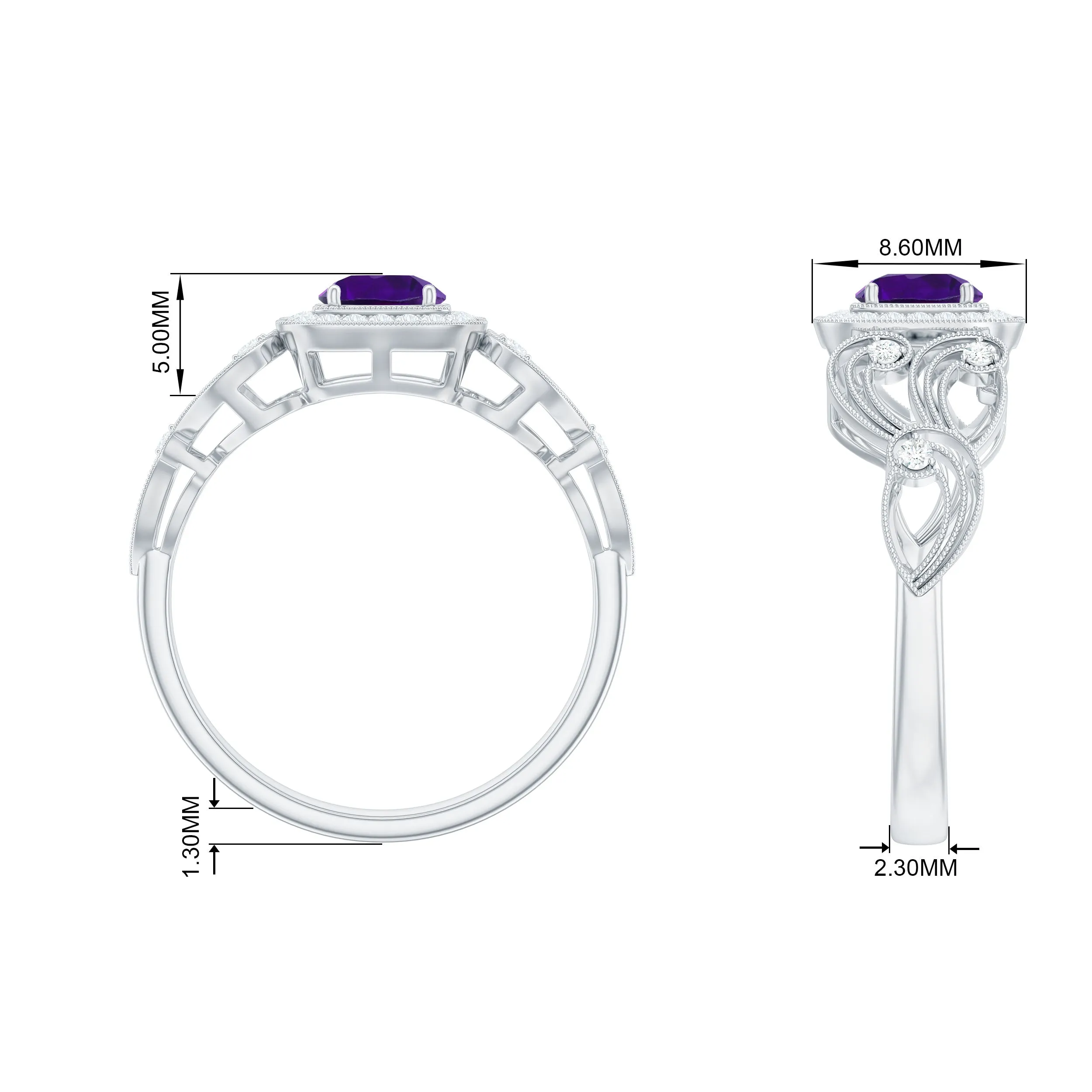 3/4 CT Amethyst and Diamond Art Deco Engagement Ring with Milgrain Details