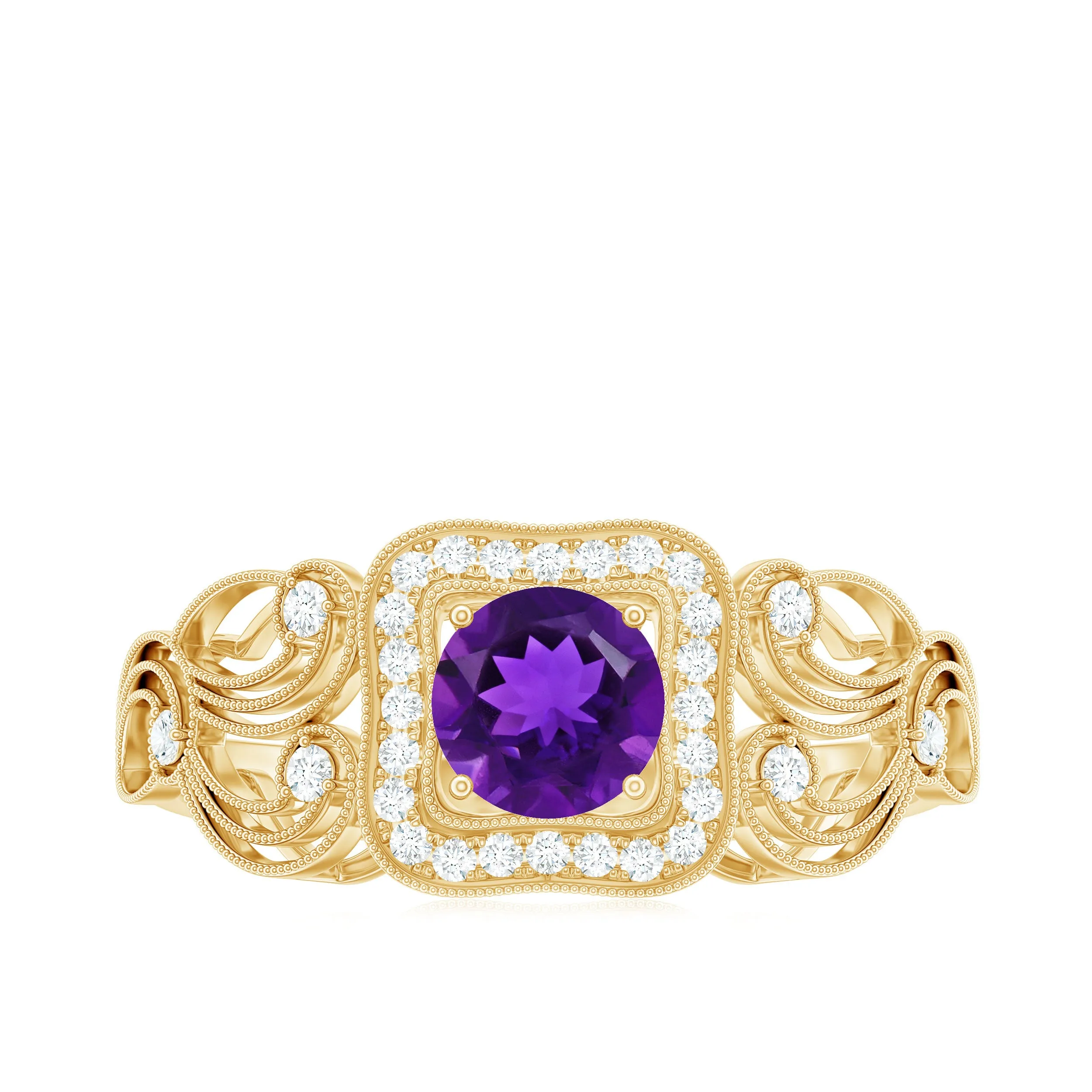 3/4 CT Amethyst and Diamond Art Deco Engagement Ring with Milgrain Details