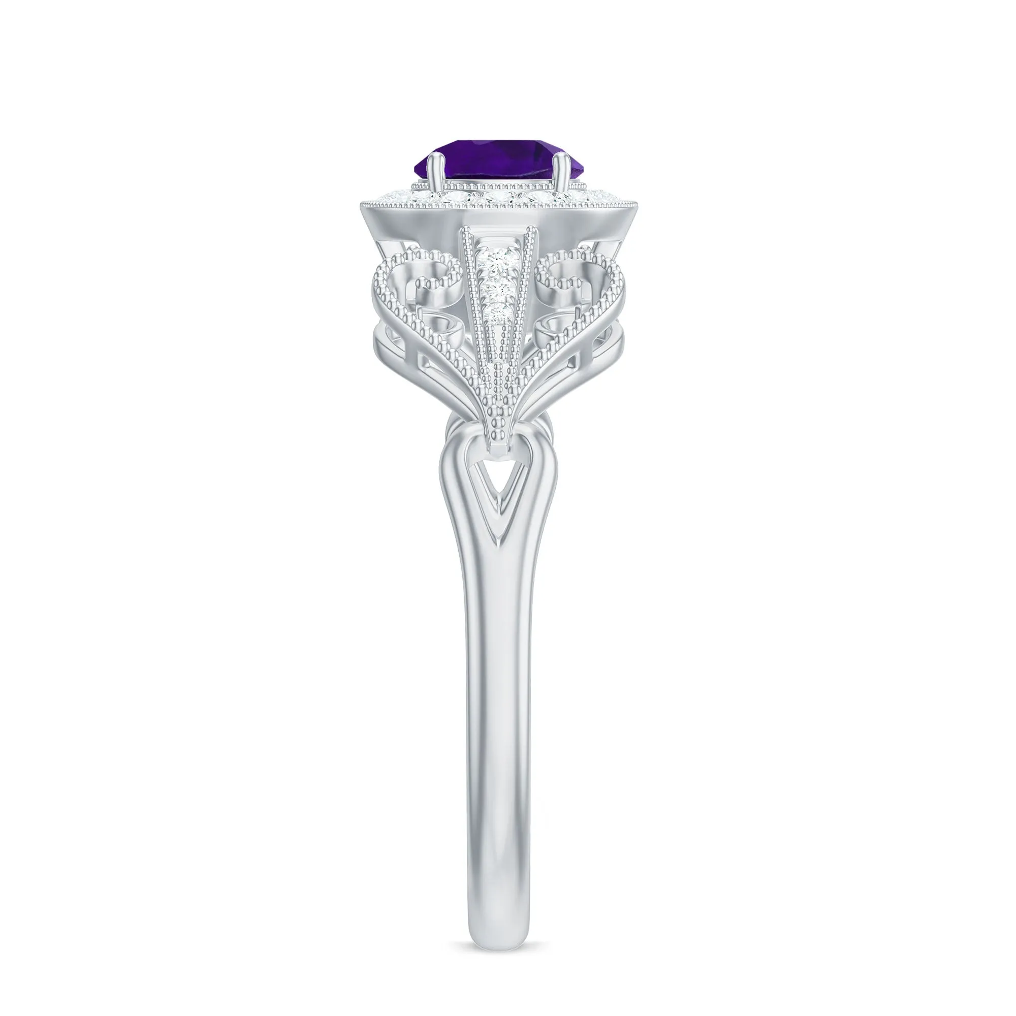 3/4 CT Amethyst and Diamond Art Deco Engagement Ring with Milgrain Details
