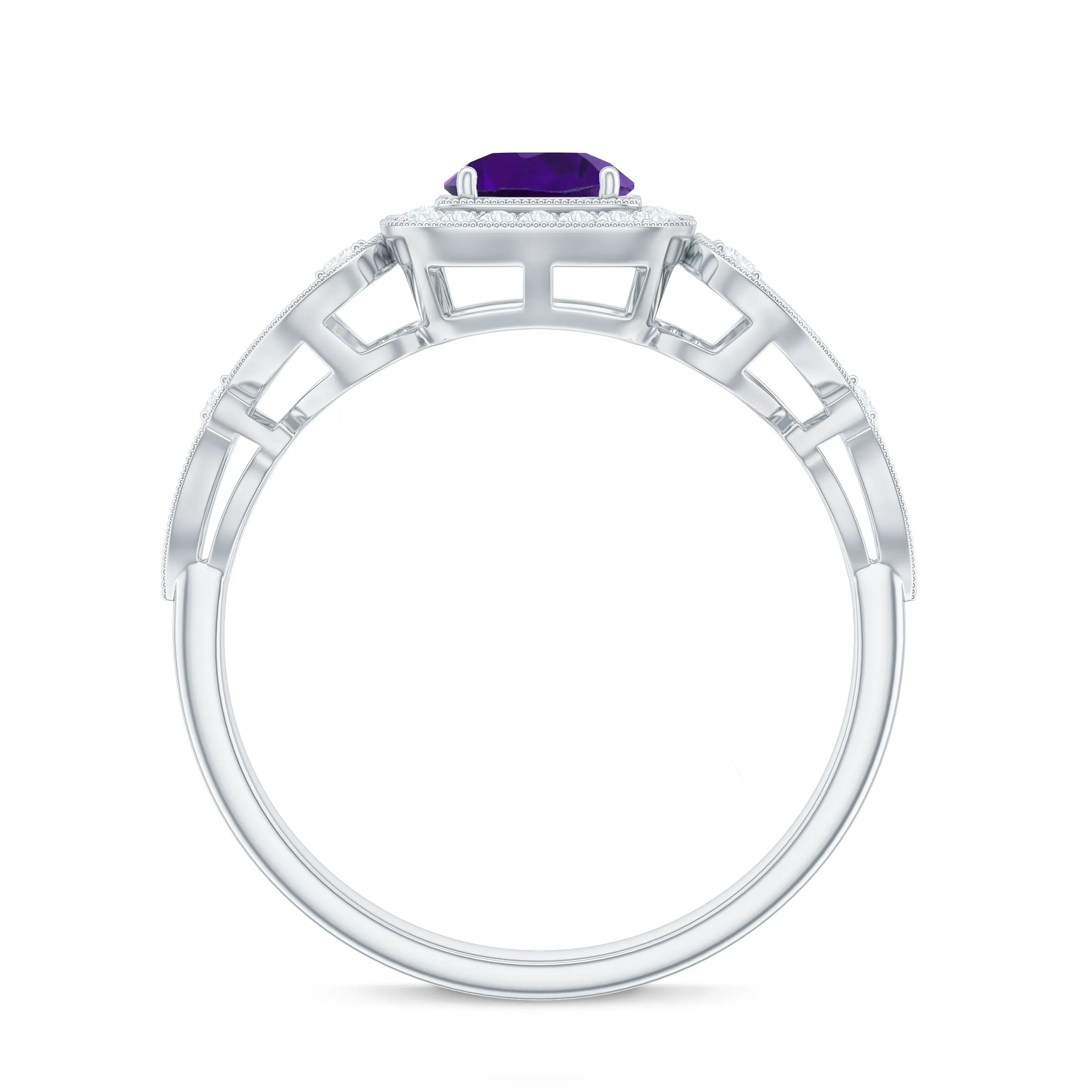 3/4 CT Amethyst and Diamond Art Deco Engagement Ring with Milgrain Details