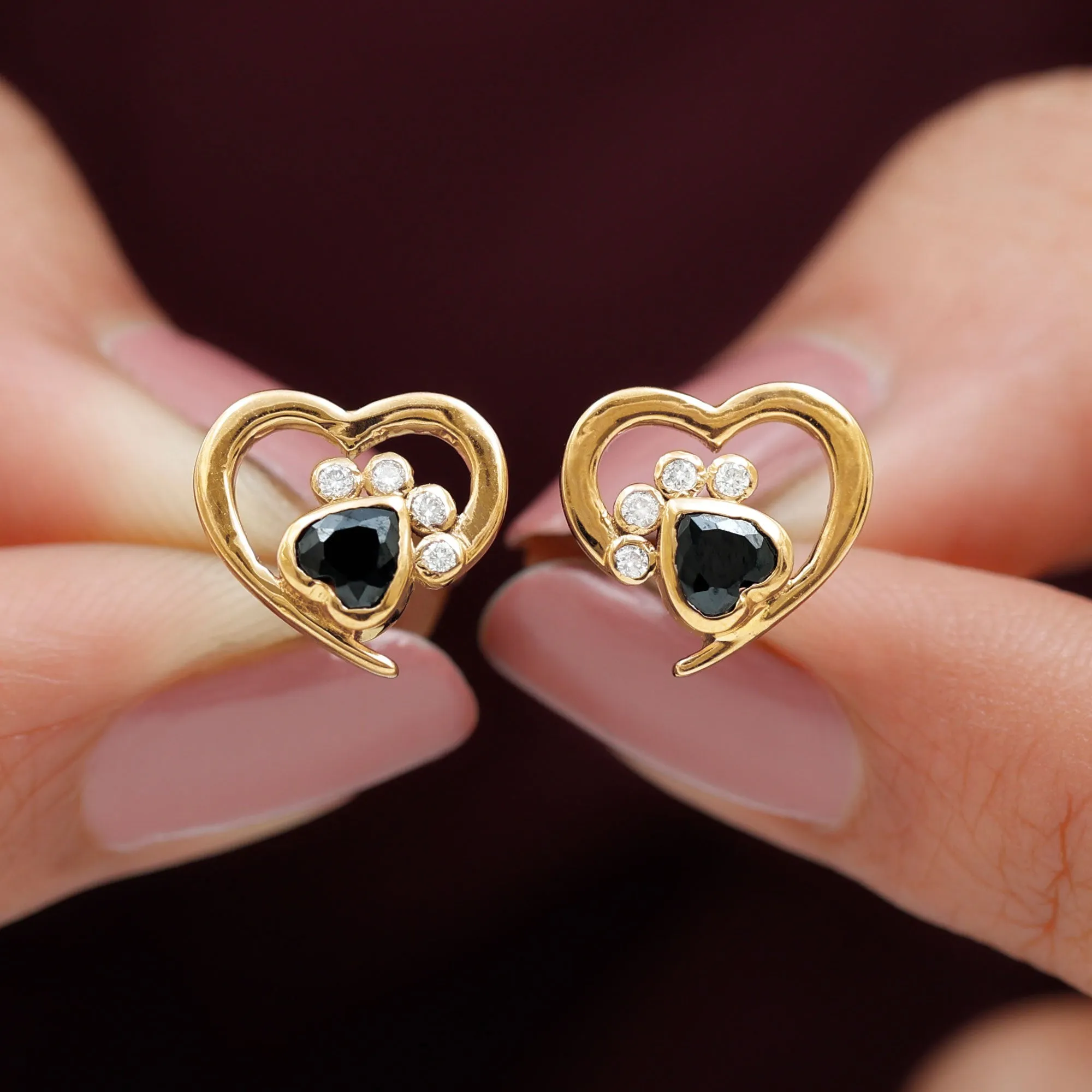 3/4 CT Bezel Set Heart Shape Black Spinel Paw Stud Earrings with Moissanite