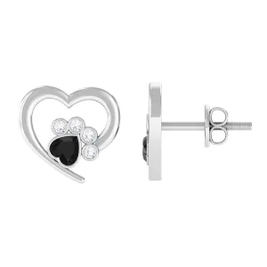3/4 CT Bezel Set Heart Shape Black Spinel Paw Stud Earrings with Moissanite