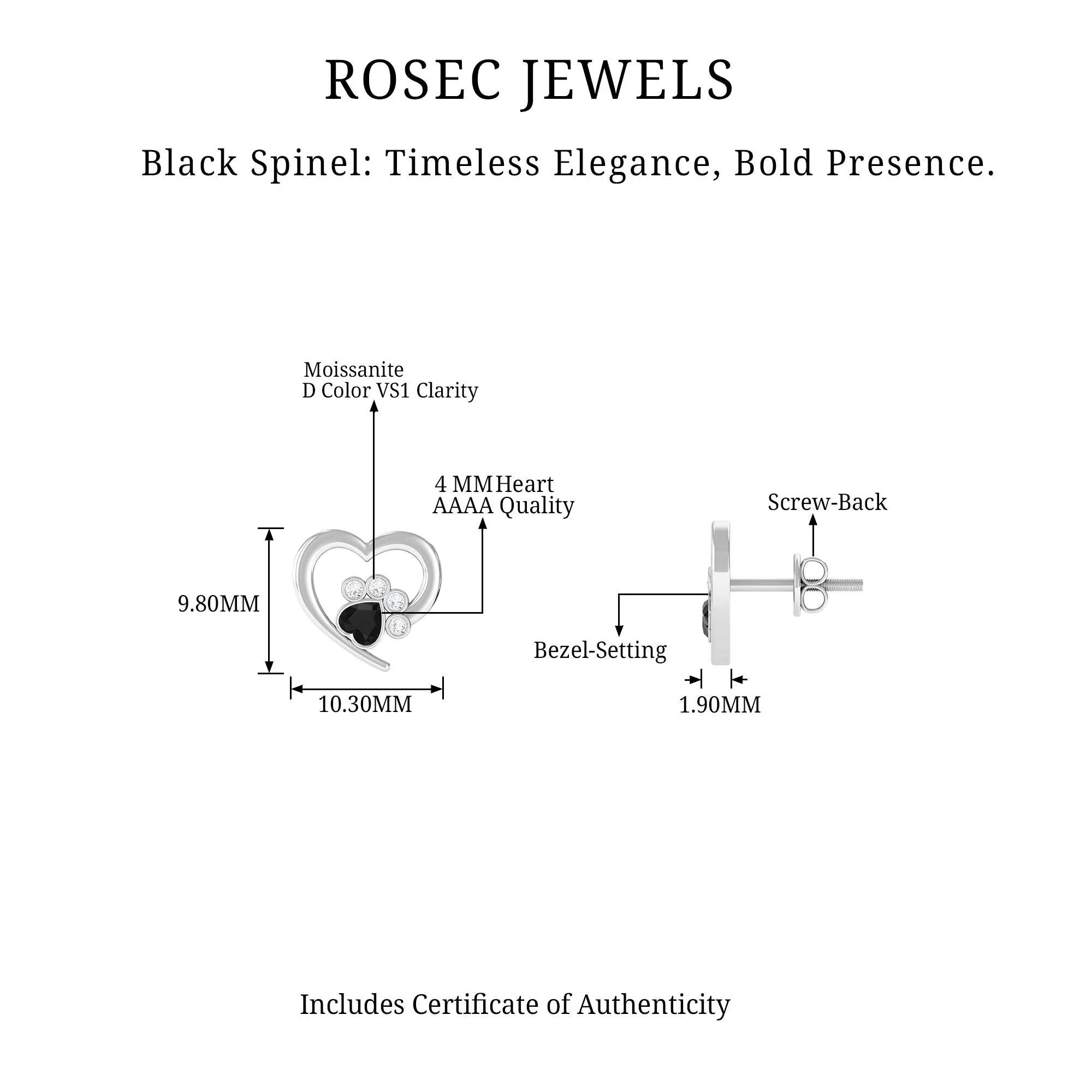 3/4 CT Bezel Set Heart Shape Black Spinel Paw Stud Earrings with Moissanite