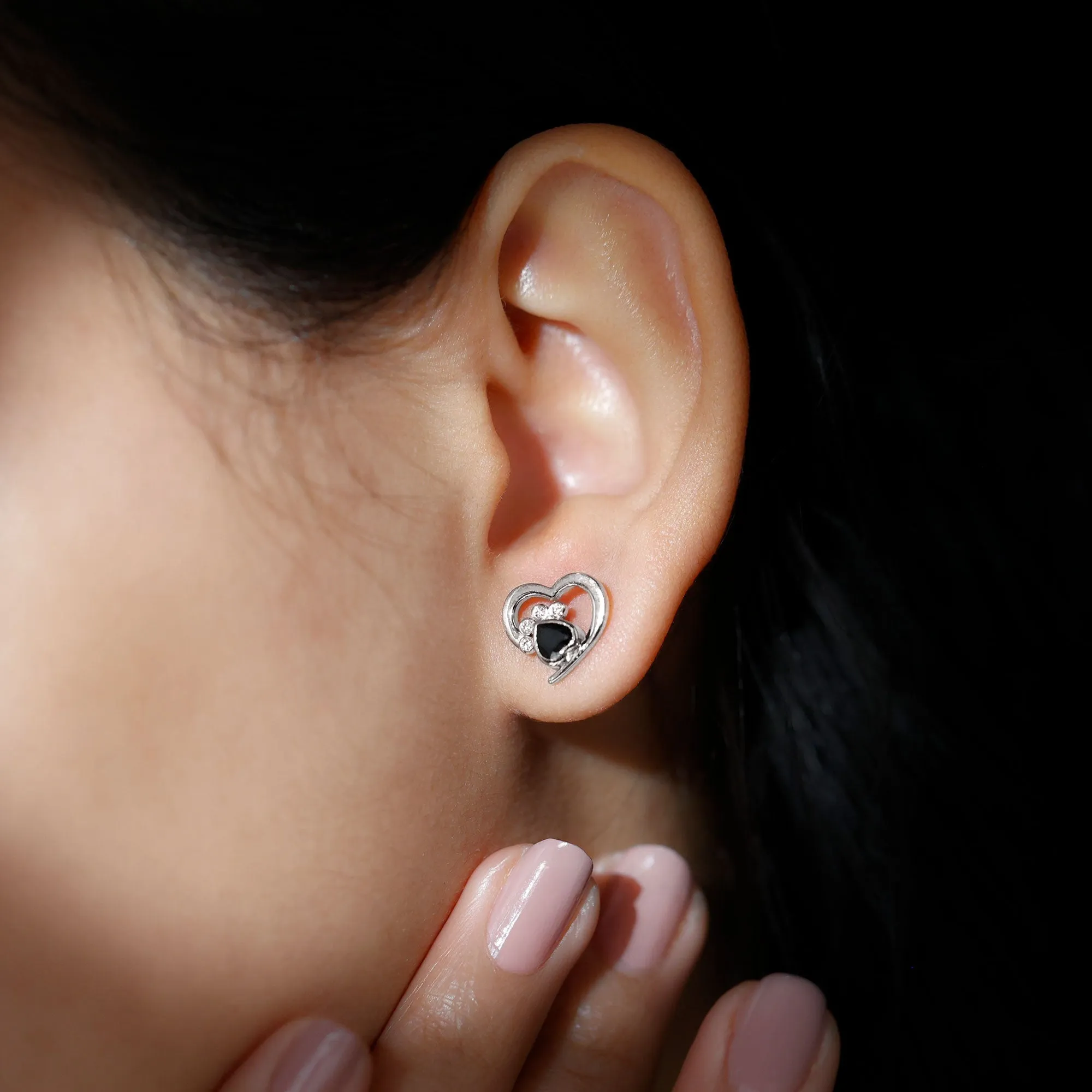 3/4 CT Bezel Set Heart Shape Black Spinel Paw Stud Earrings with Moissanite