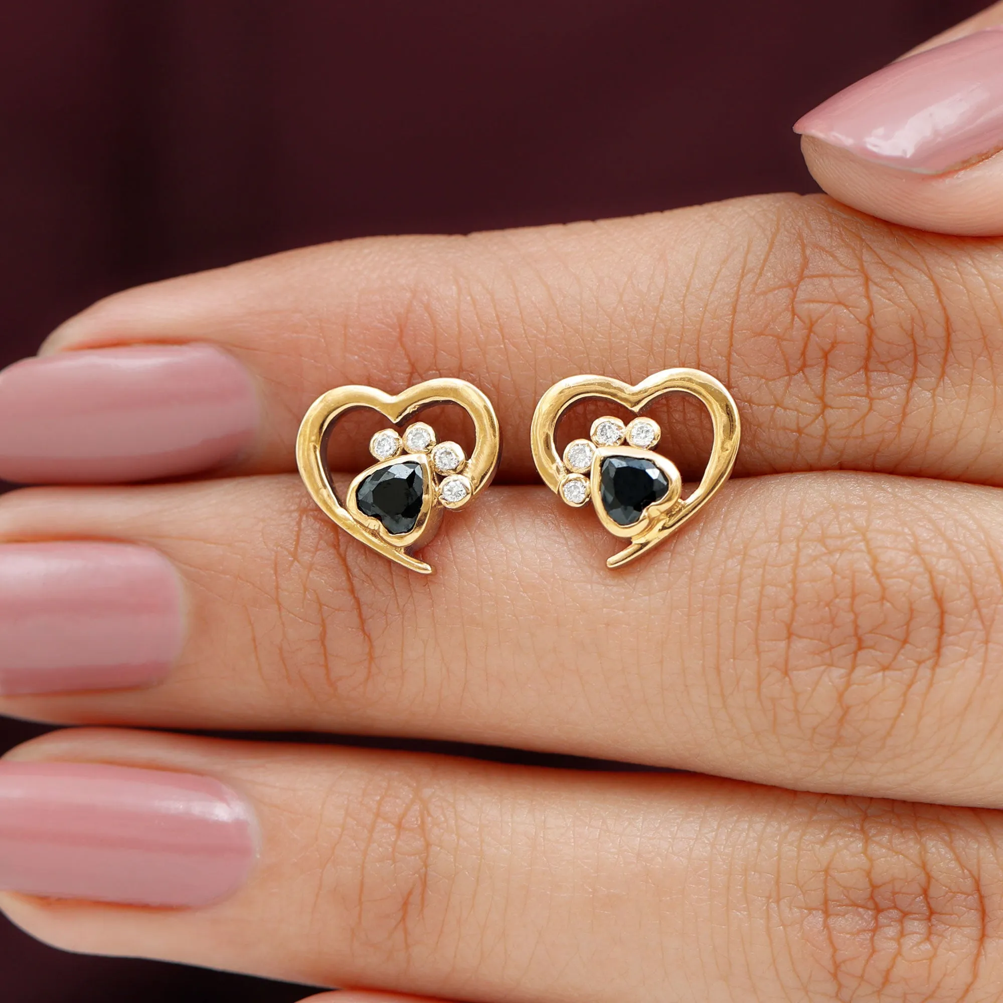 3/4 CT Bezel Set Heart Shape Black Spinel Paw Stud Earrings with Moissanite