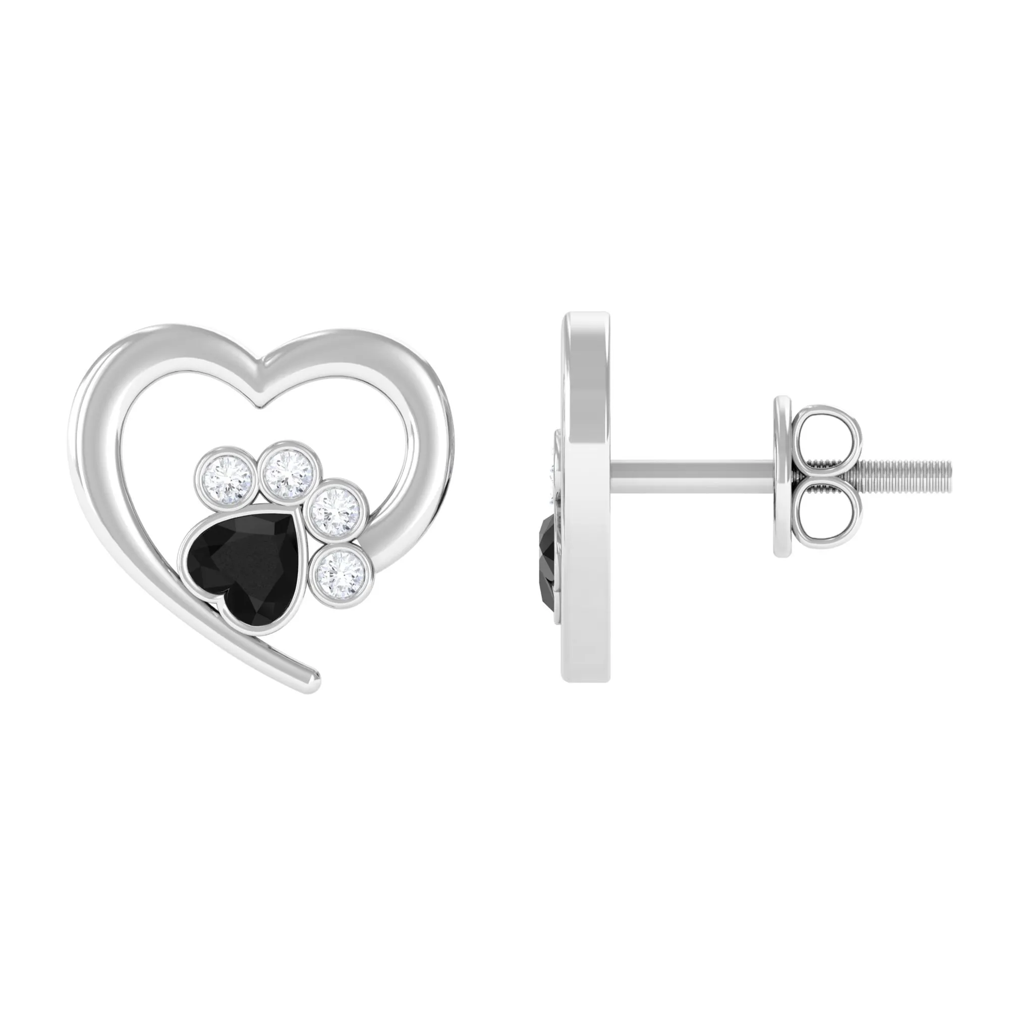 3/4 CT Bezel Set Heart Shape Black Spinel Paw Stud Earrings with Moissanite