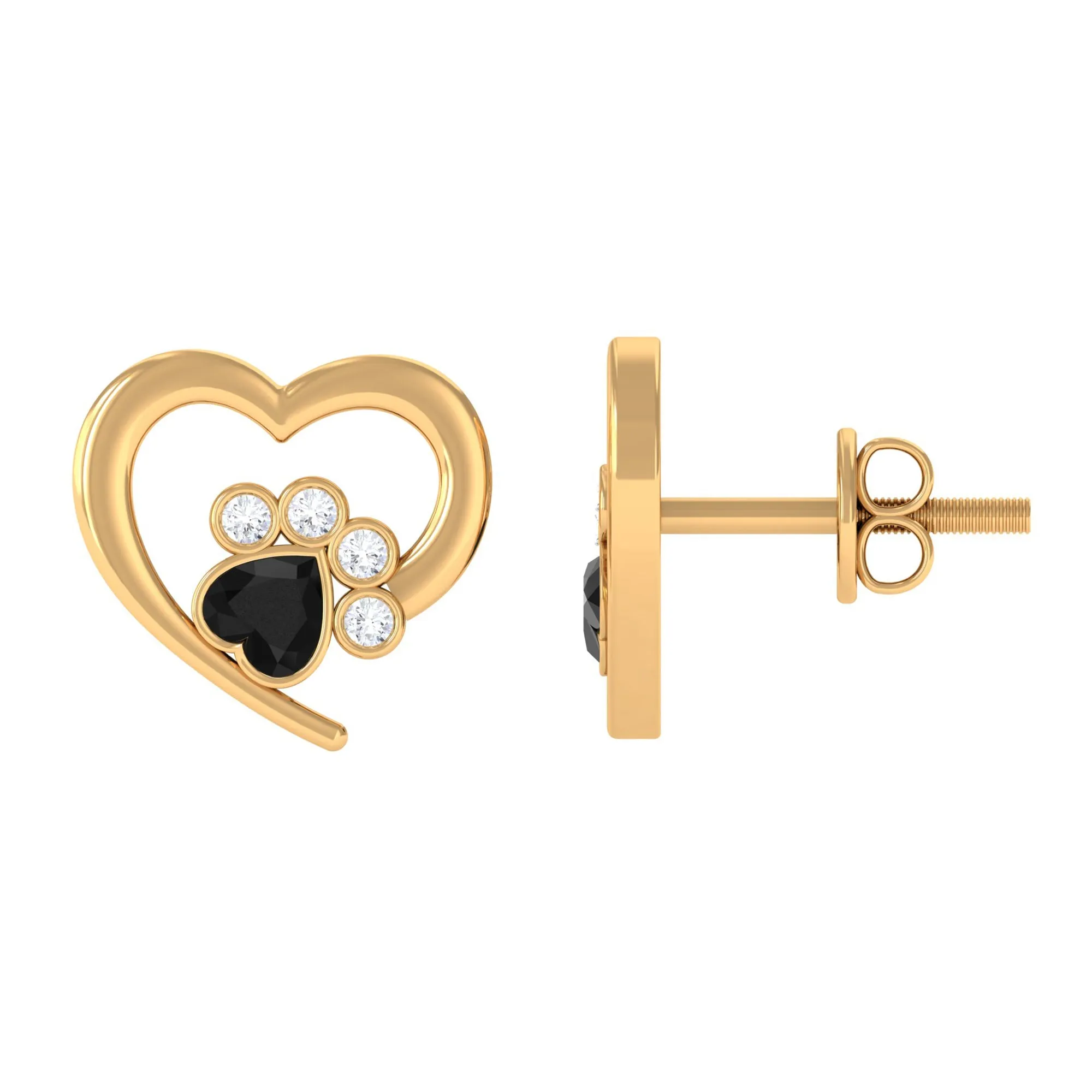 3/4 CT Bezel Set Heart Shape Black Spinel Paw Stud Earrings with Moissanite