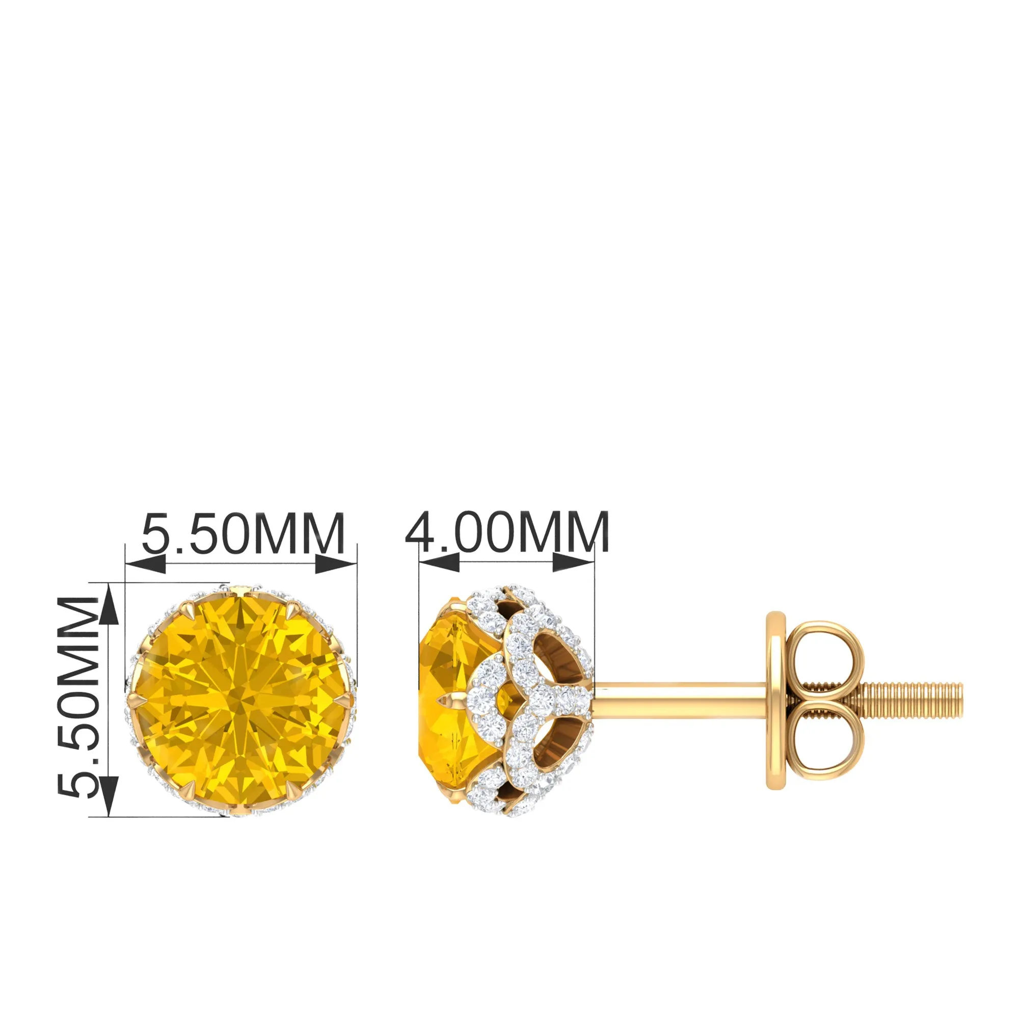 5 MM Yellow Sapphire Solitaire and Diamond Floral Stud Earrings in Lotus Basket Setting