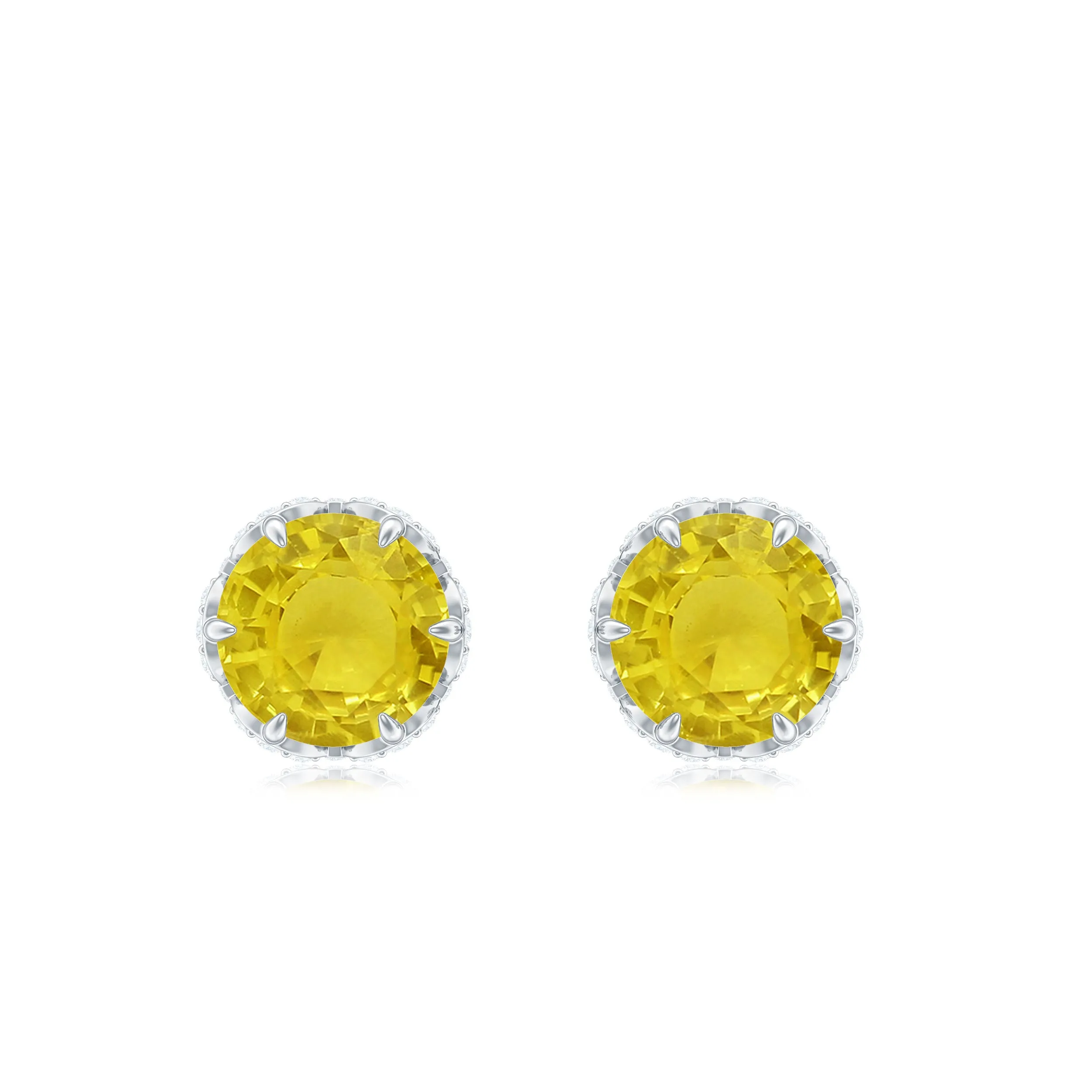 5 MM Yellow Sapphire Solitaire and Diamond Floral Stud Earrings in Lotus Basket Setting