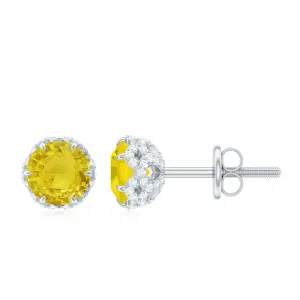 5 MM Yellow Sapphire Solitaire and Diamond Floral Stud Earrings in Lotus Basket Setting