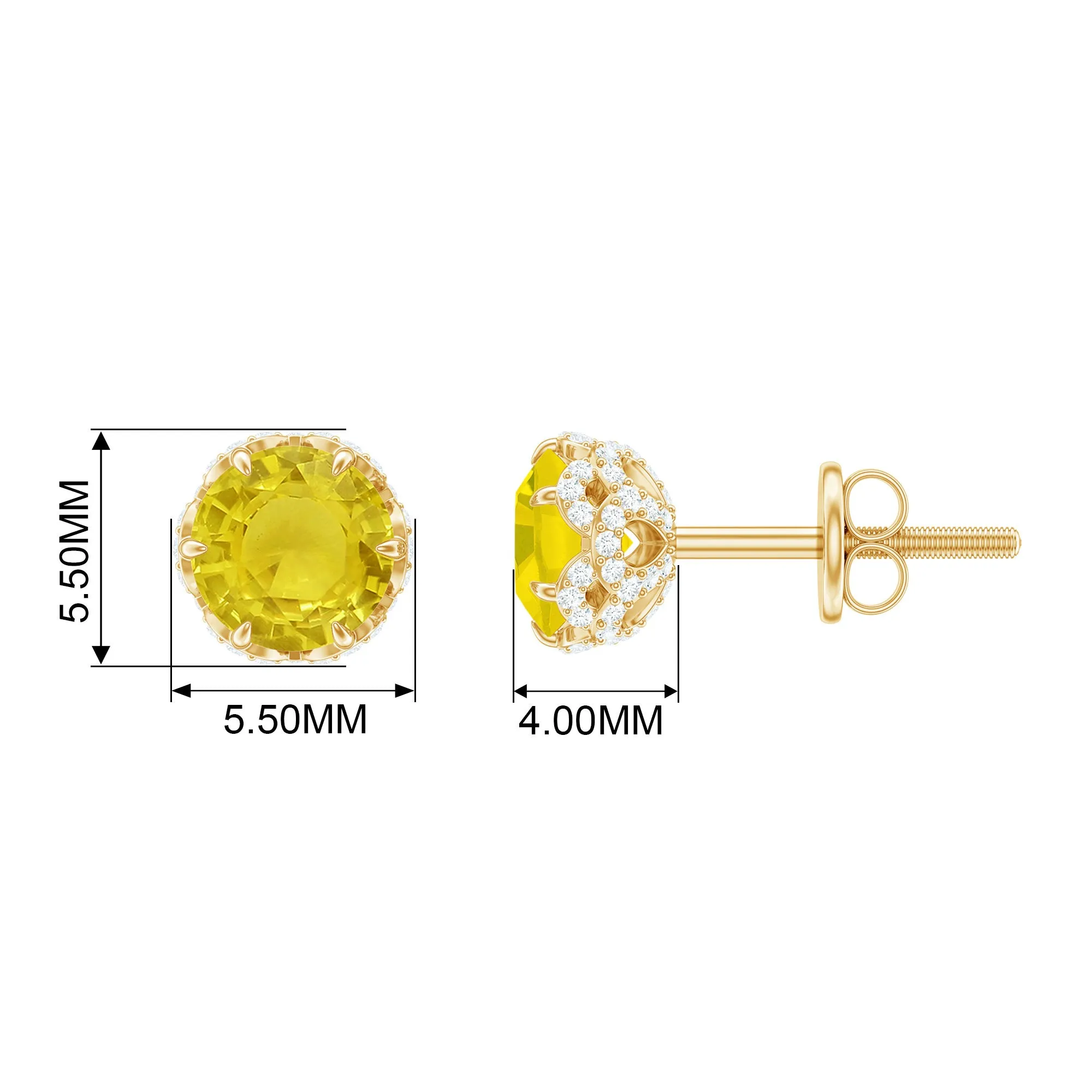 5 MM Yellow Sapphire Solitaire and Diamond Floral Stud Earrings in Lotus Basket Setting