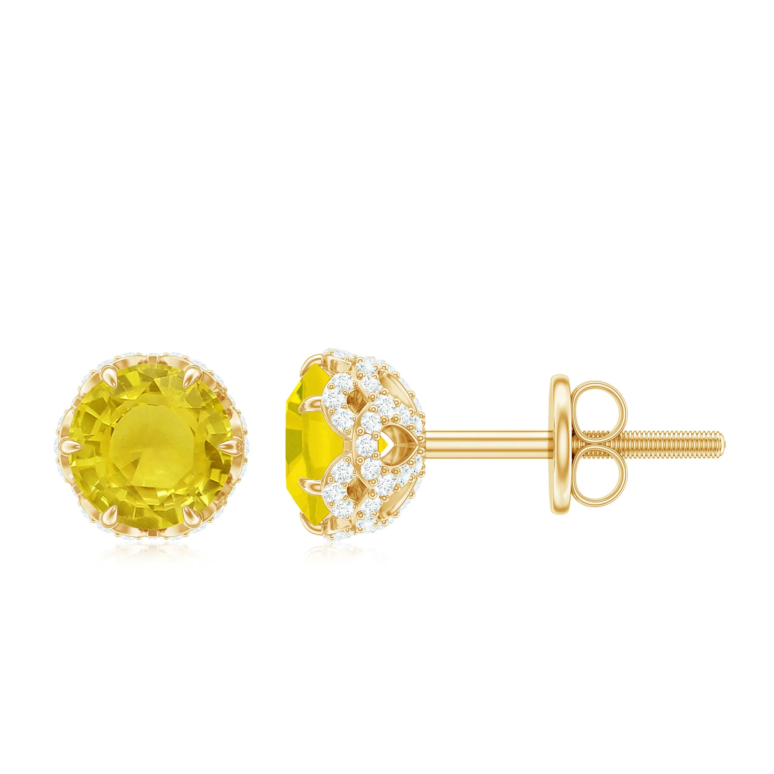 5 MM Yellow Sapphire Solitaire and Diamond Floral Stud Earrings in Lotus Basket Setting