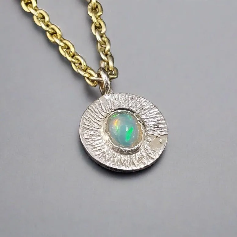 925 Silver Round Hammered Ethiopian Opal Charm Pendant