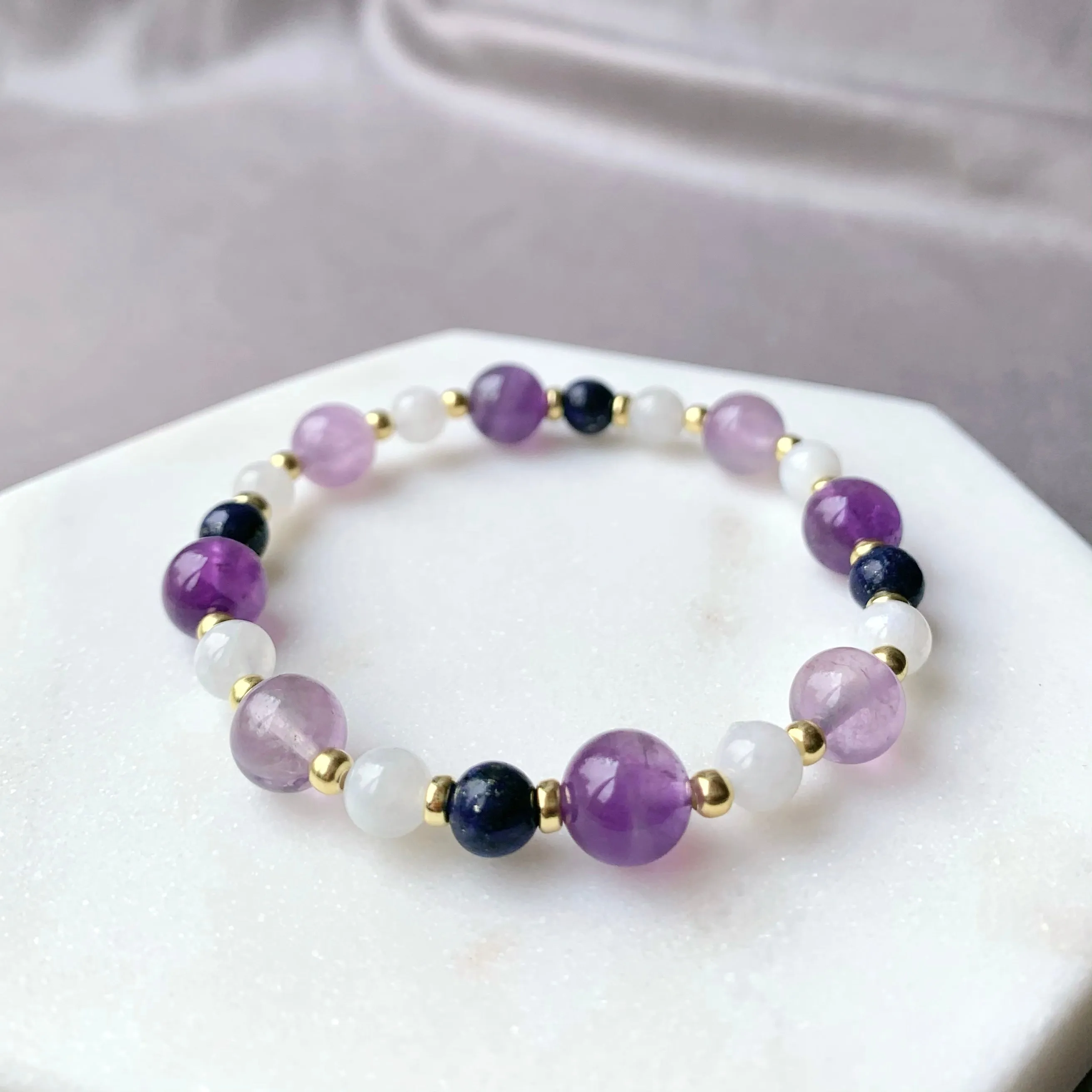 Amethyst & Moonstone Gold Beaded Bracelet