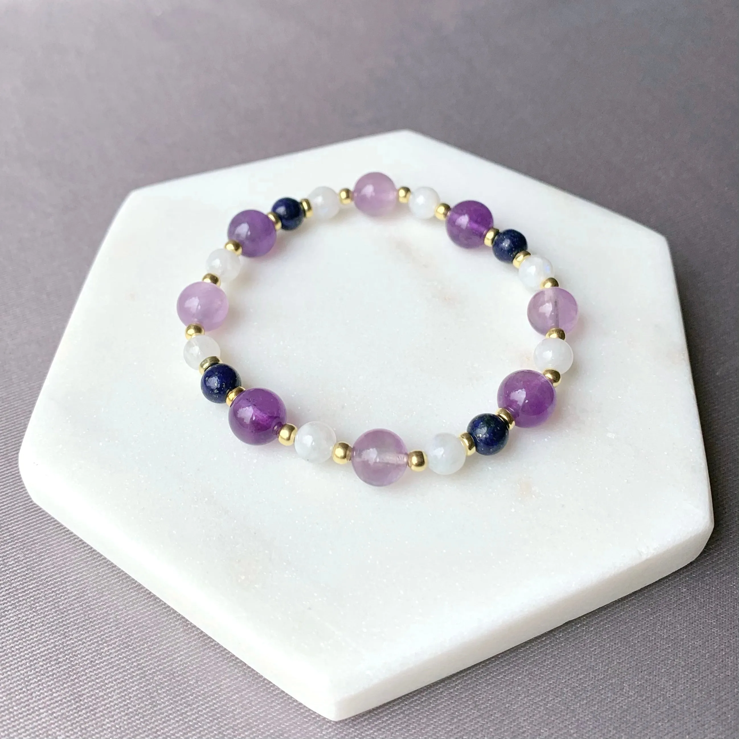 Amethyst & Moonstone Gold Beaded Bracelet