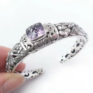 Amethyst Bracelet Solid .925 Sterling Bali Silver Dragonfly Cuff Jewelry Gift
