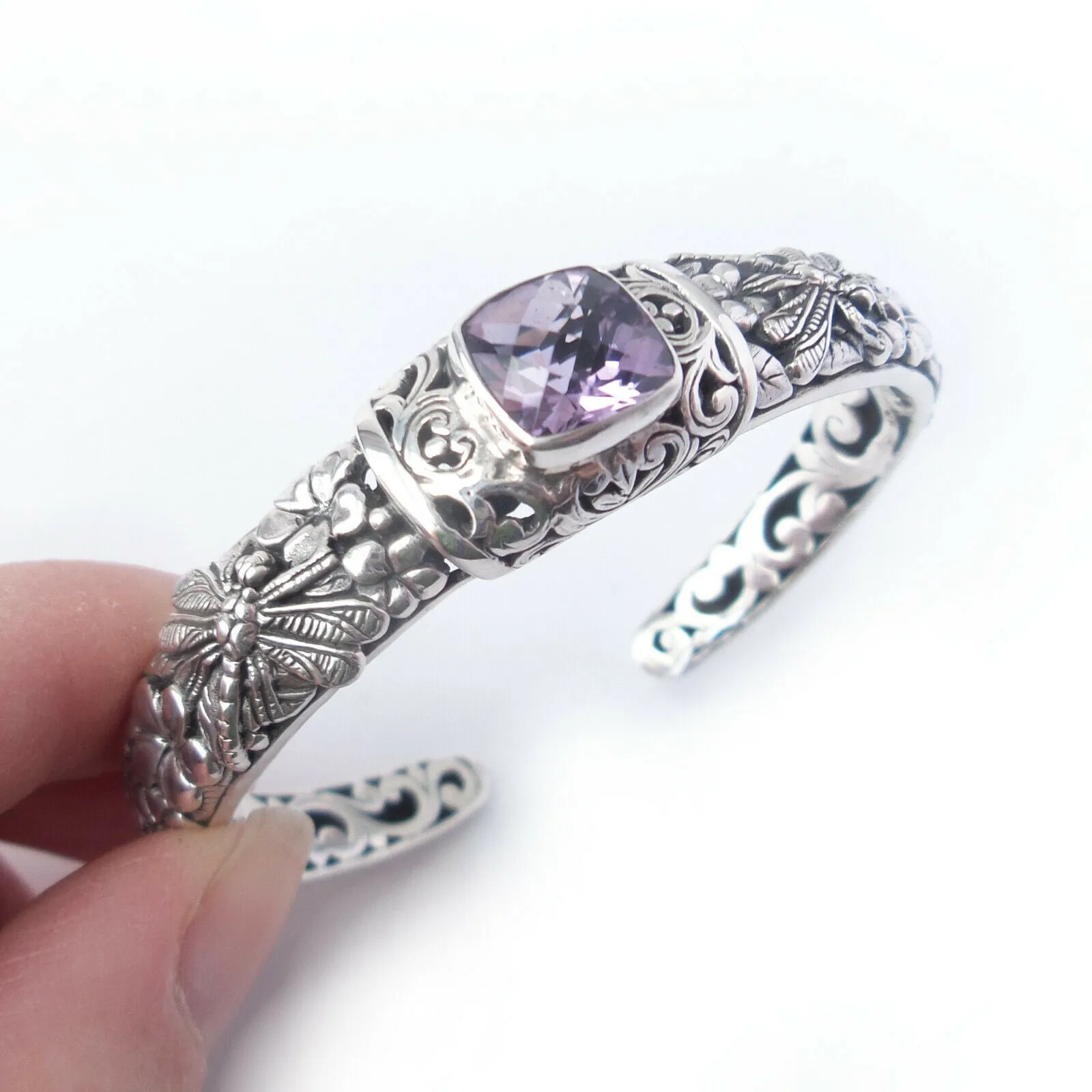Amethyst Bracelet Solid .925 Sterling Bali Silver Dragonfly Cuff Jewelry Gift