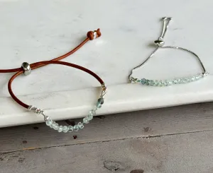 Aquamarine and slide adjustable chain or leather stack bracelet