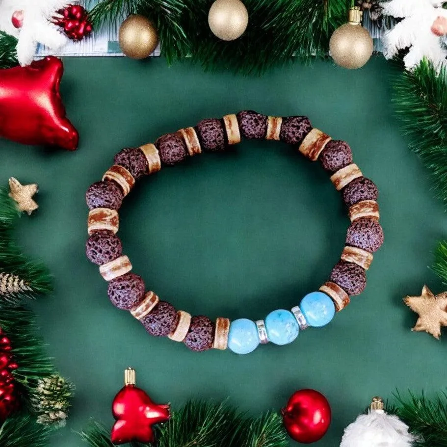 Aquamarine Gemstone Lava Bead Stretch bracelet-MARCH Birthstone