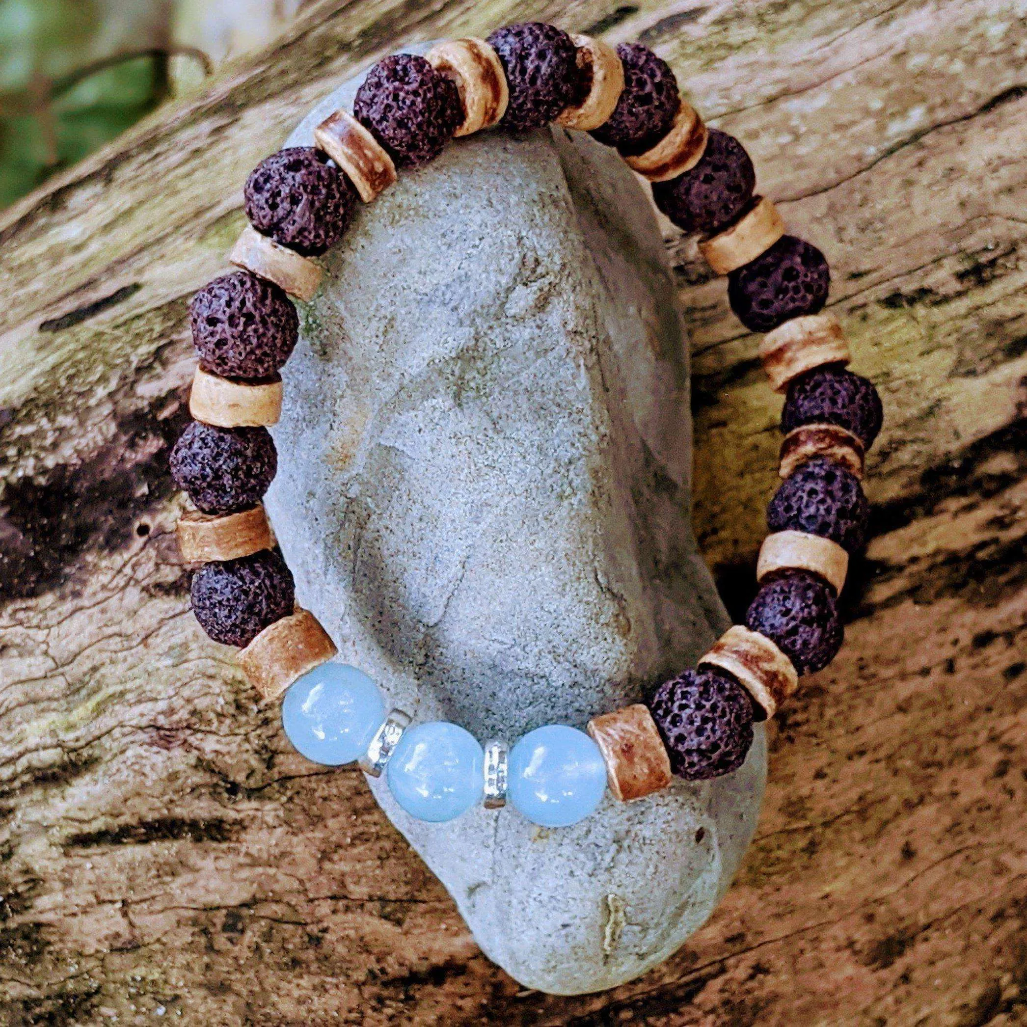 Aquamarine Gemstone Lava Bead Stretch bracelet-MARCH Birthstone
