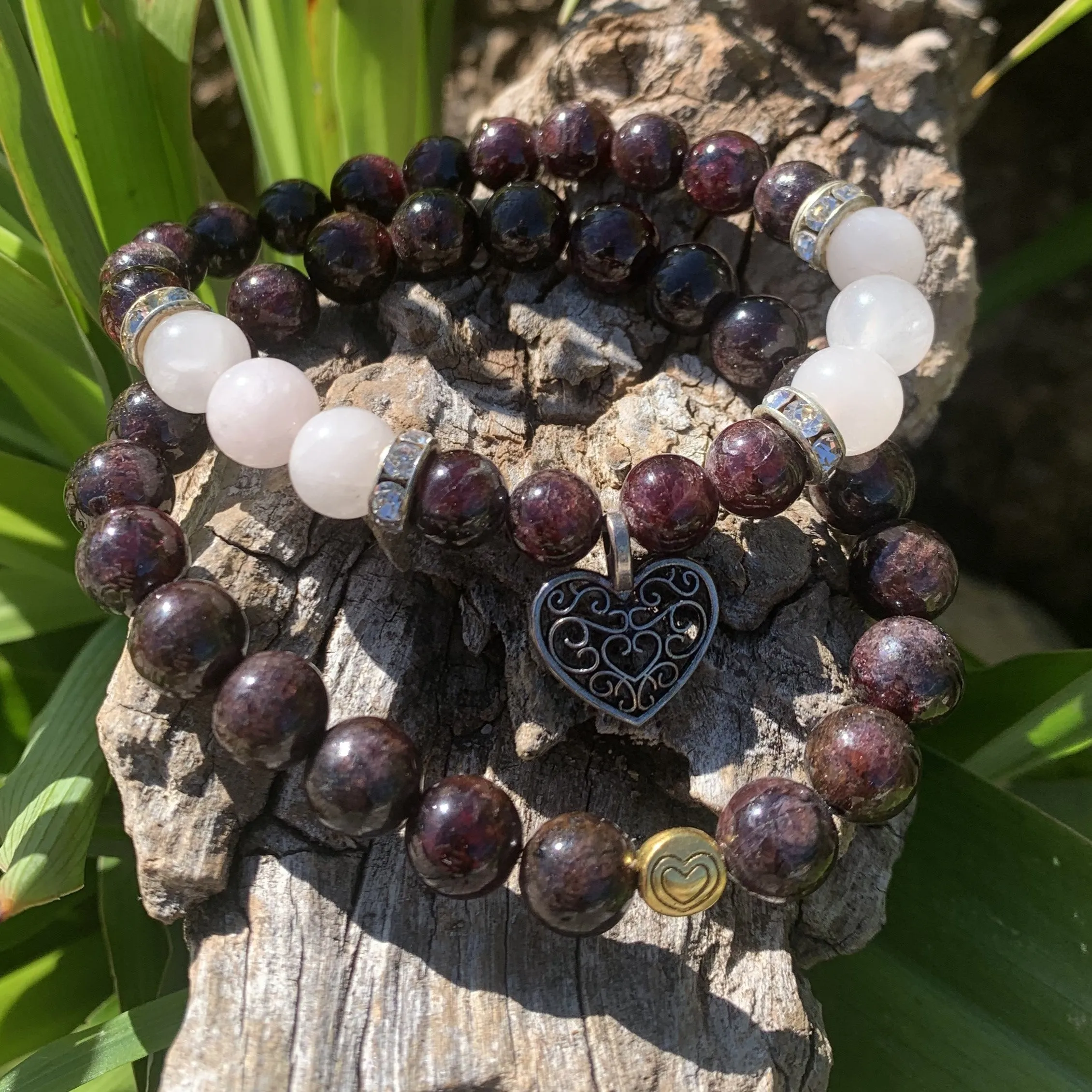 Authentic garnet bracelet with 14K gold heart