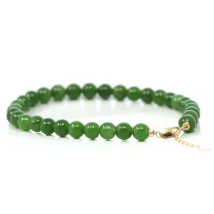 Baikalla High Genuine Fine Green Nephrite Jade Round Beads Bracelet With 18K Yellow Gold Clasp ( 6mm )