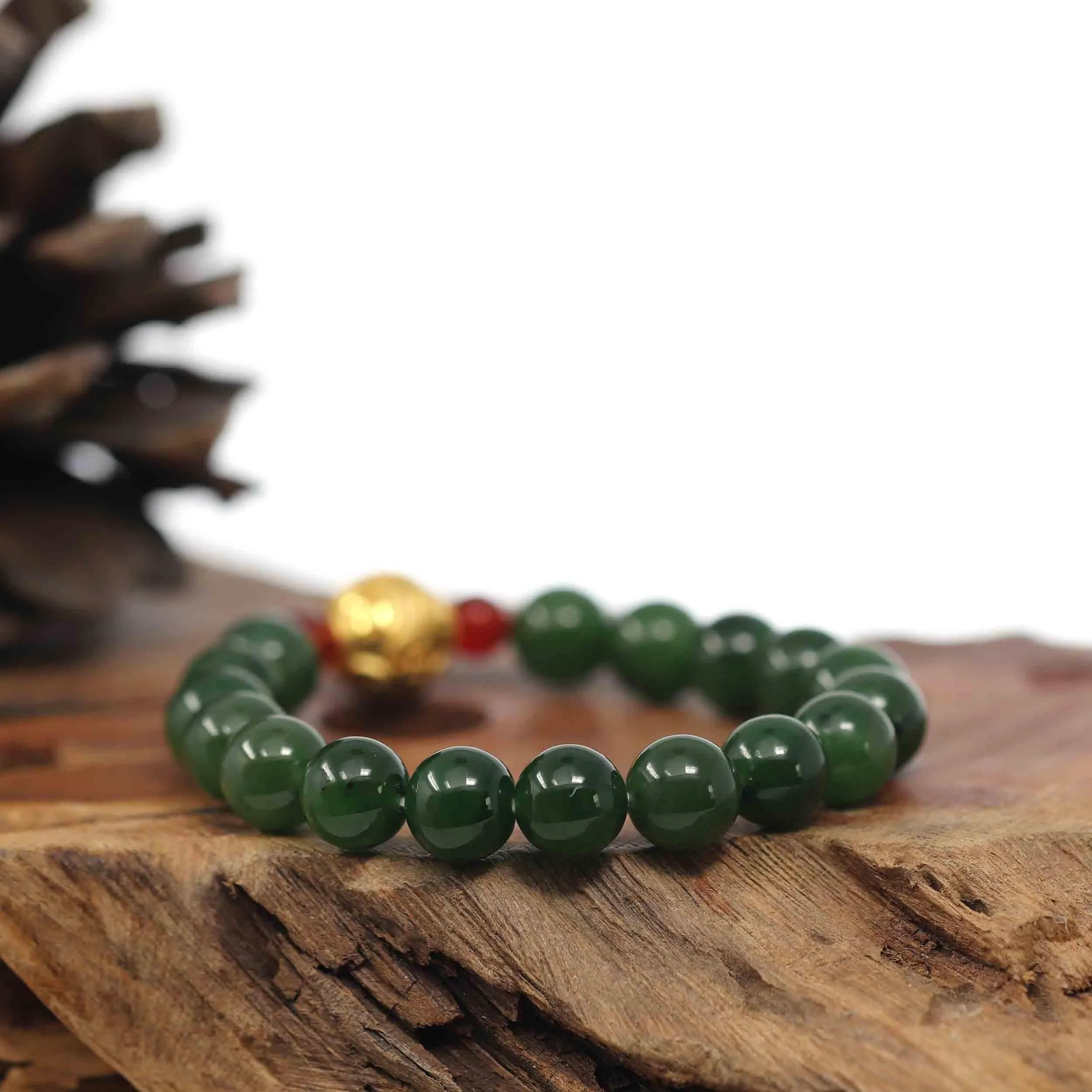 Baikalla Natural Green Nephrite Jade Round Beads Bracelet with 24K Pure Yellow Gold Money Beads ( 9.5 mm )