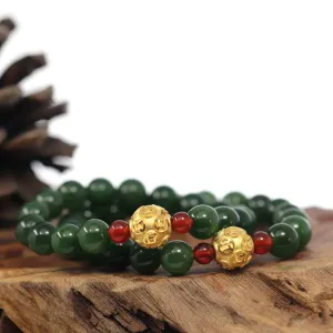 Baikalla Natural Green Nephrite Jade Round Beads Bracelet with 24K Pure Yellow Gold Money Beads ( 9.5 mm )