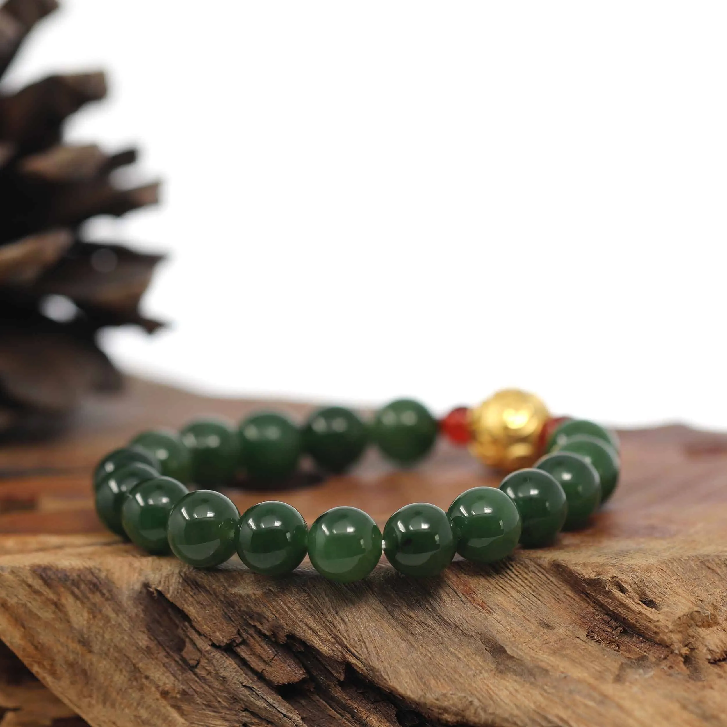 Baikalla Natural Green Nephrite Jade Round Beads Bracelet with 24K Pure Yellow Gold Money Beads ( 9.5 mm )