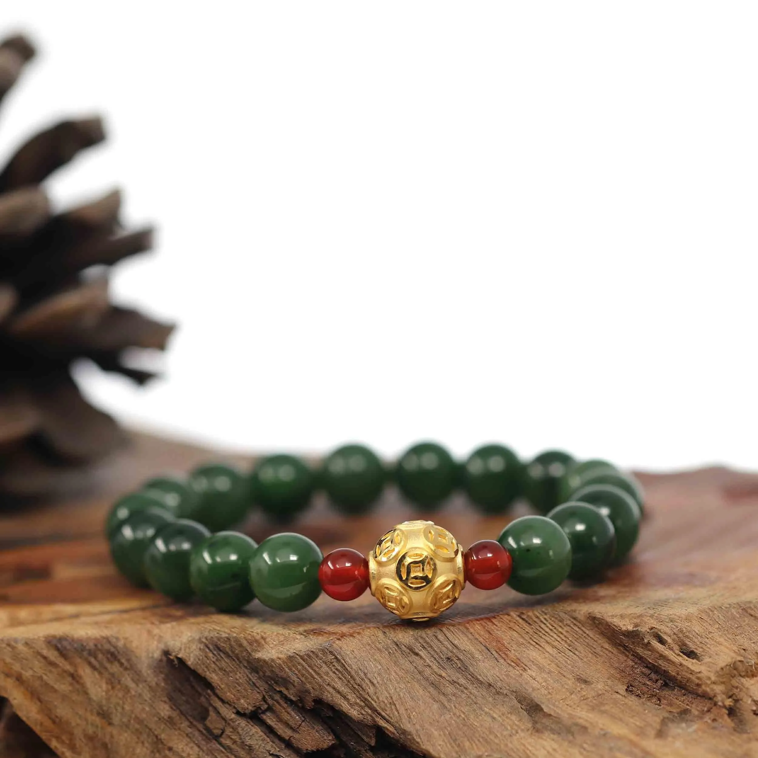 Baikalla Natural Green Nephrite Jade Round Beads Bracelet with 24K Pure Yellow Gold Money Beads ( 9.5 mm )