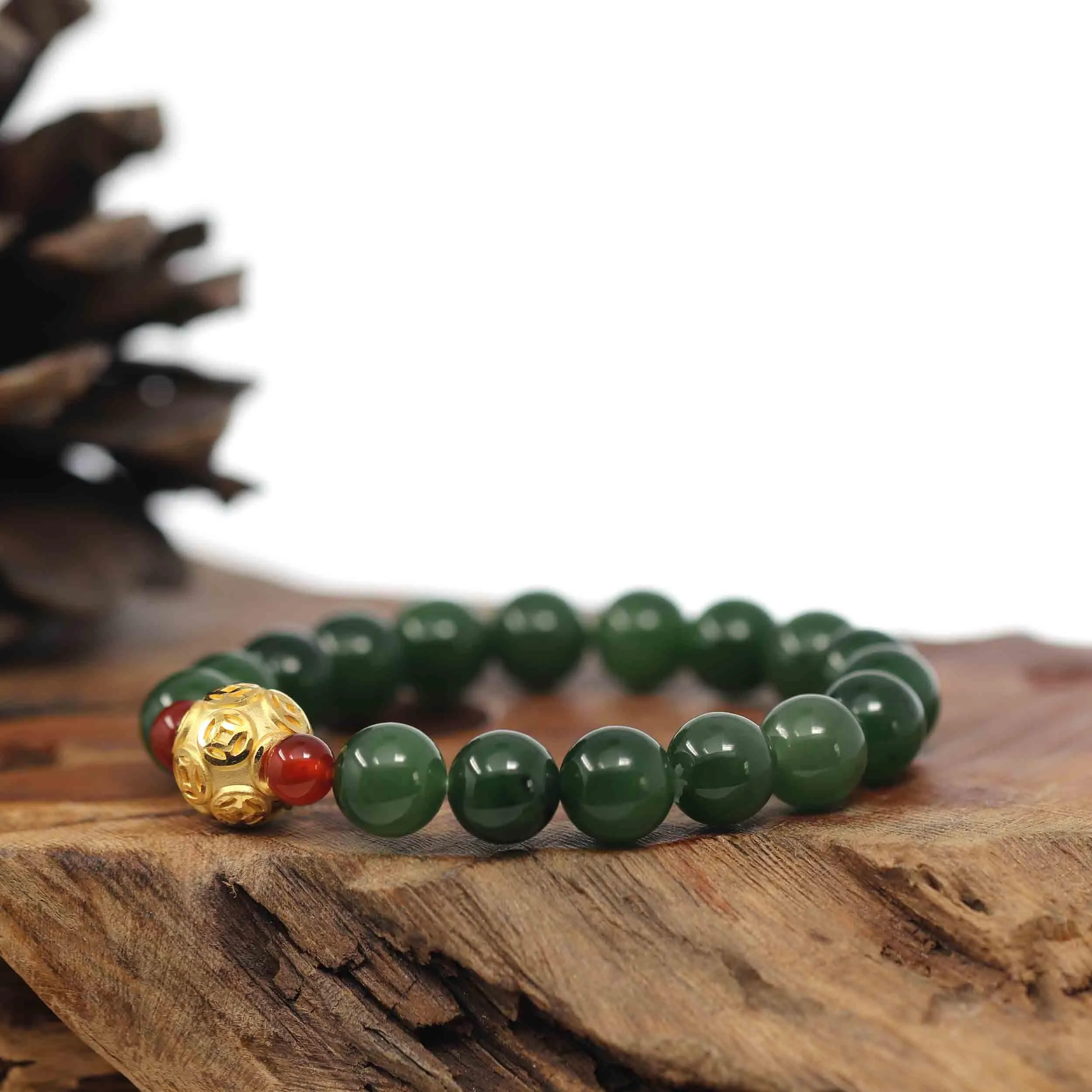 Baikalla Natural Green Nephrite Jade Round Beads Bracelet with 24K Pure Yellow Gold Money Beads ( 9.5 mm )