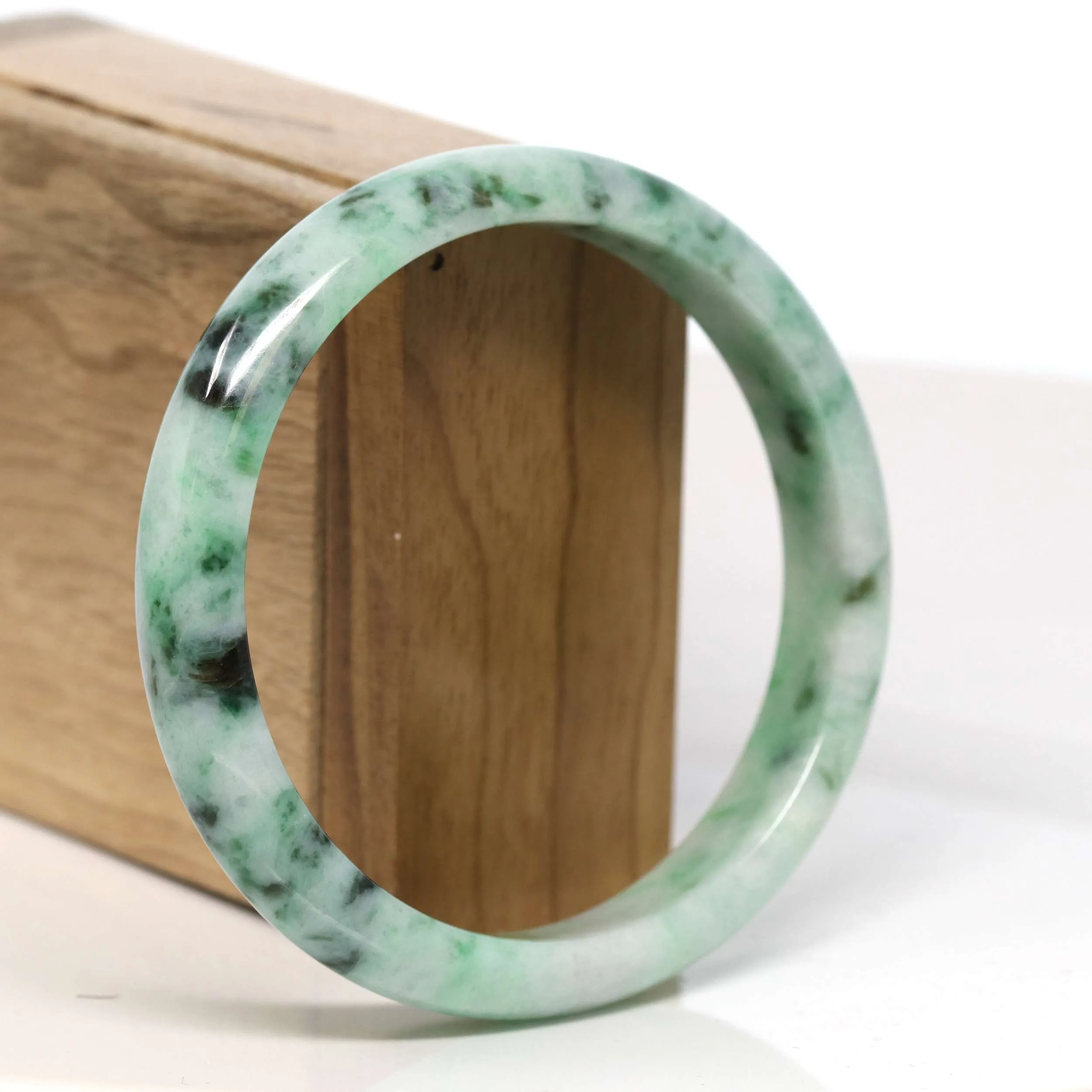 Baikalla "Half Round" Spotted Deep Green Jadeite Jade Bangle Bracelet (61.98 mm) #T371