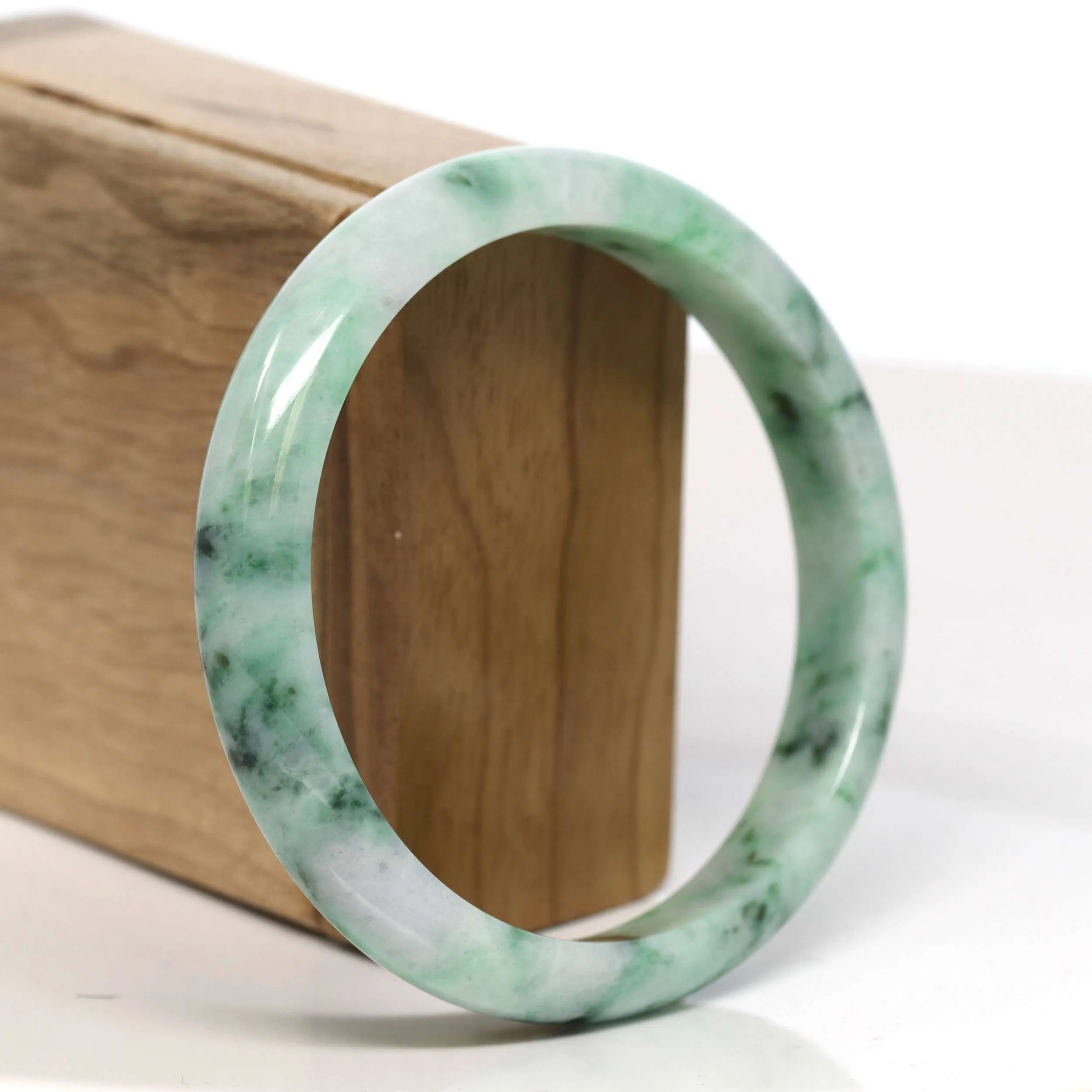 Baikalla "Half Round" Spotted Deep Green Jadeite Jade Bangle Bracelet (61.98 mm) #T371