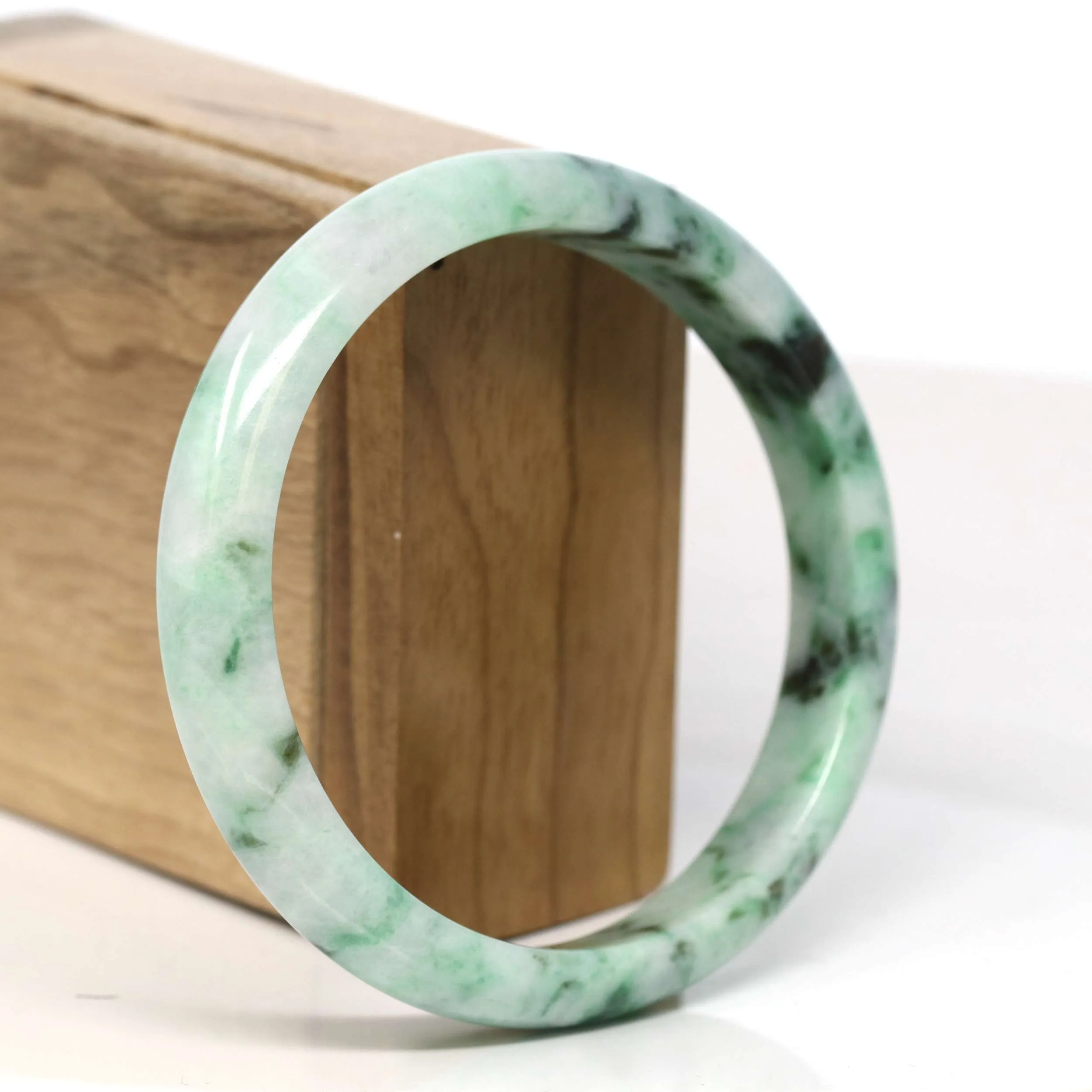 Baikalla "Half Round" Spotted Deep Green Jadeite Jade Bangle Bracelet (61.98 mm) #T371