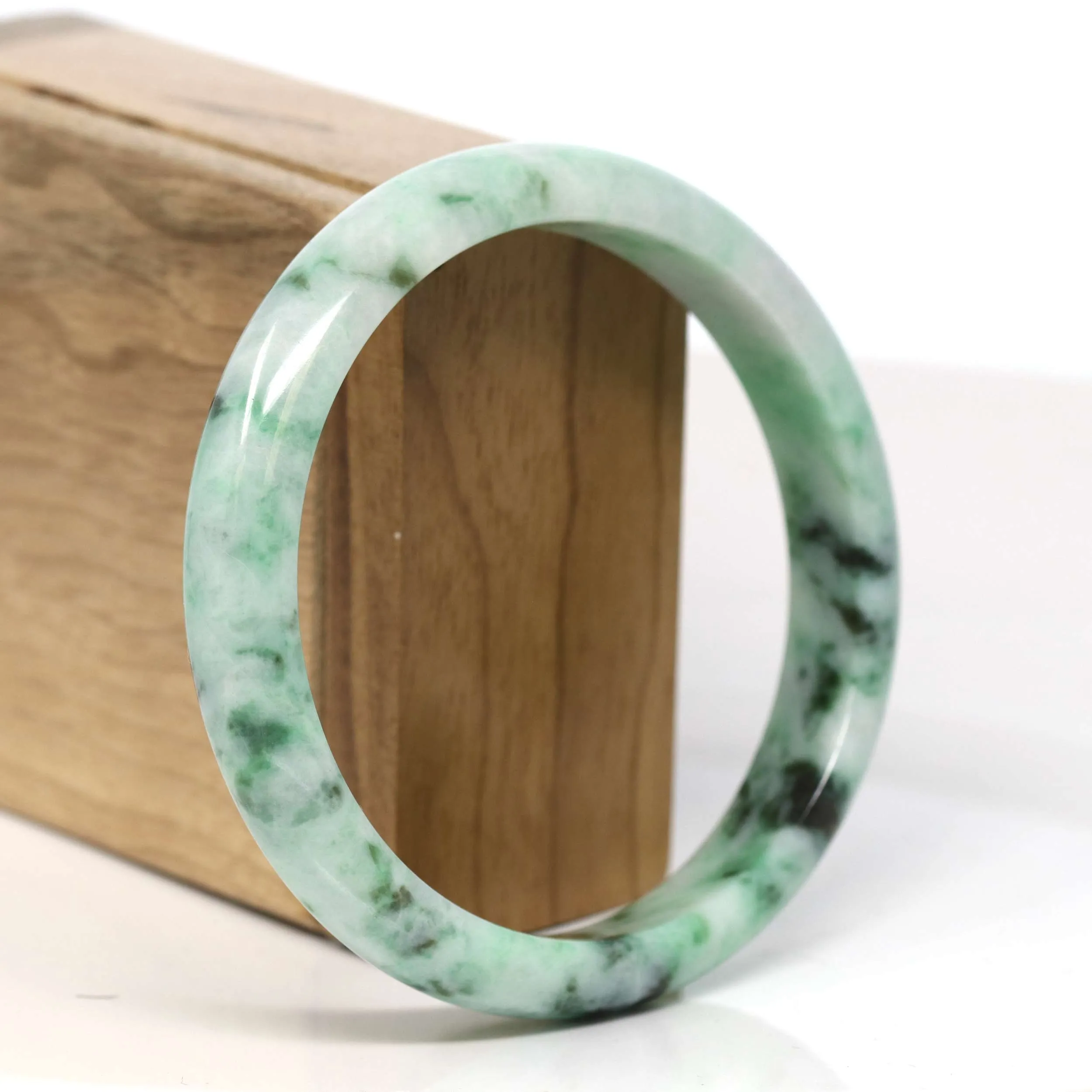 Baikalla "Half Round" Spotted Deep Green Jadeite Jade Bangle Bracelet (61.98 mm) #T371