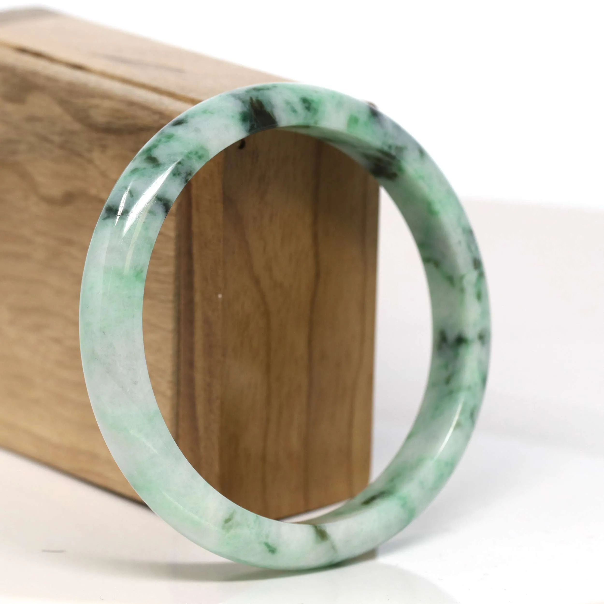 Baikalla "Half Round" Spotted Deep Green Jadeite Jade Bangle Bracelet (61.98 mm) #T371