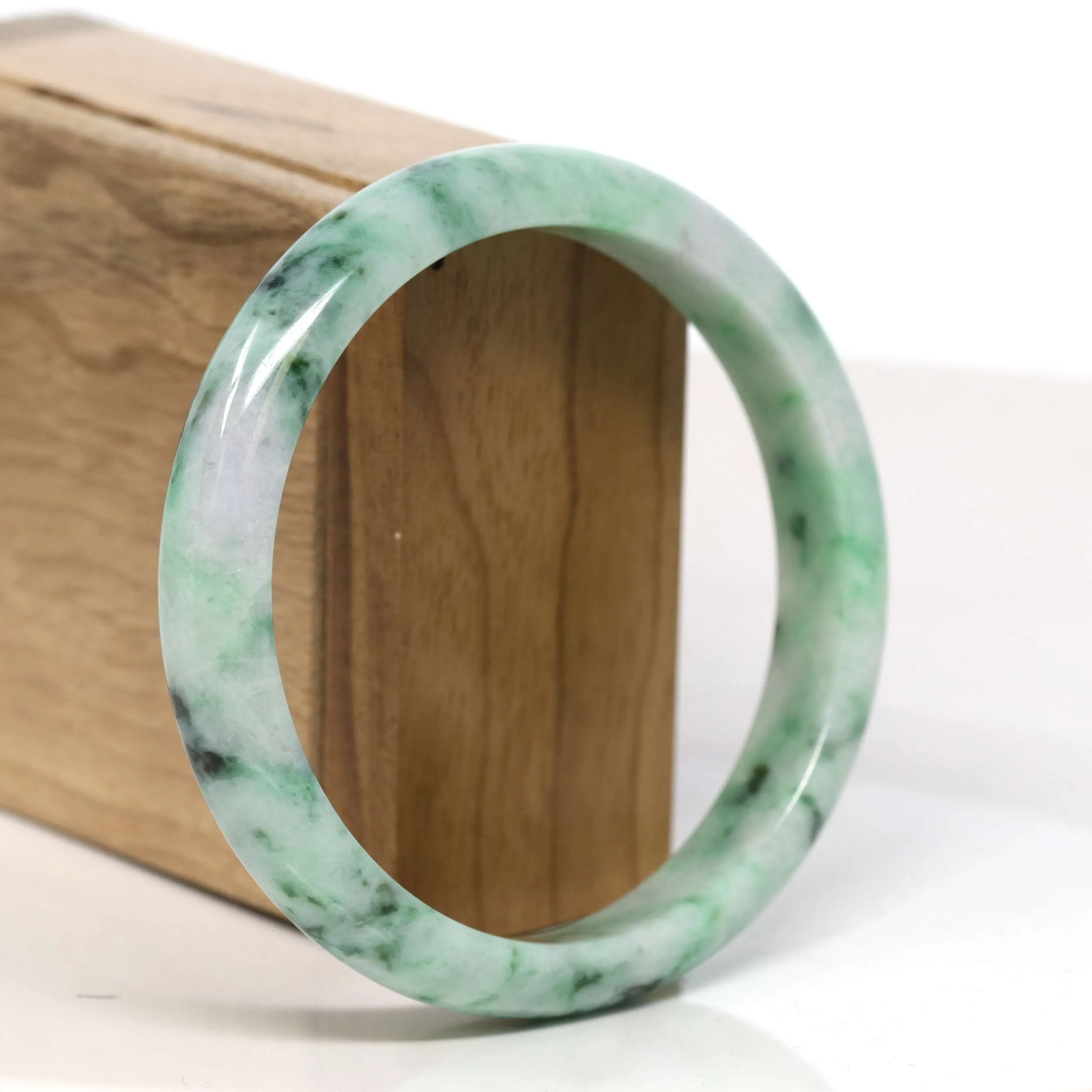 Baikalla "Half Round" Spotted Deep Green Jadeite Jade Bangle Bracelet (61.98 mm) #T371