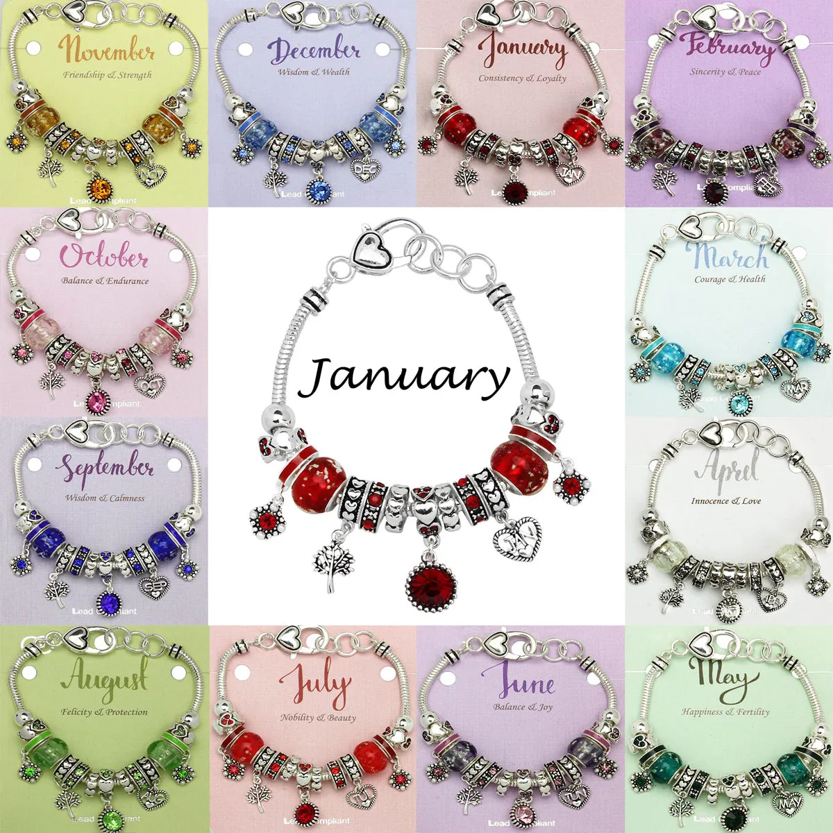 Birthstone Bracelet Multi-Color Charm Beads Silvertone
