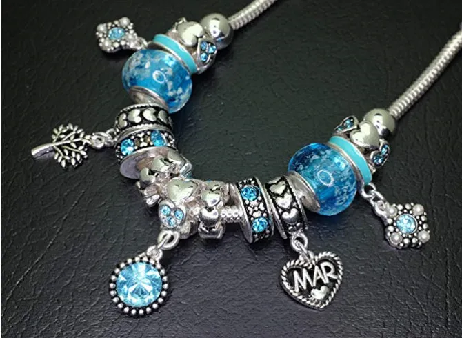 Birthstone Bracelet Multi-Color Charm Beads Silvertone