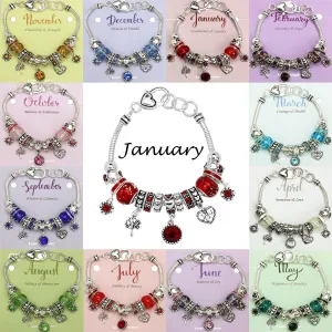 Birthstone Bracelet Multi-Color Charm Beads Silvertone