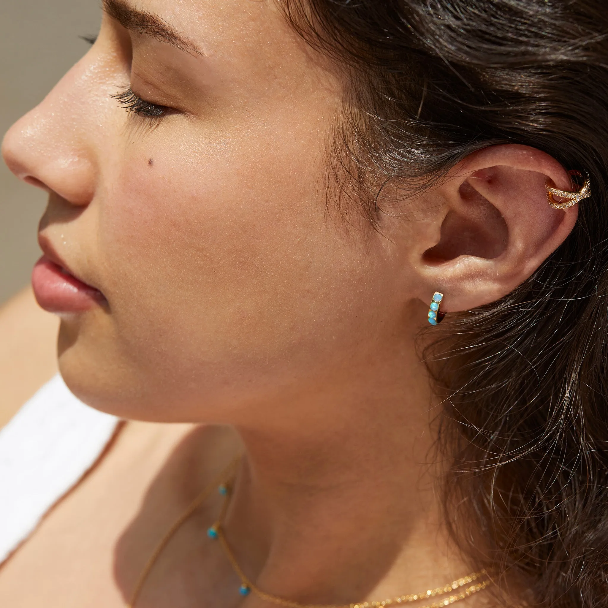 Blue Opal Huggie Hoop Earrings