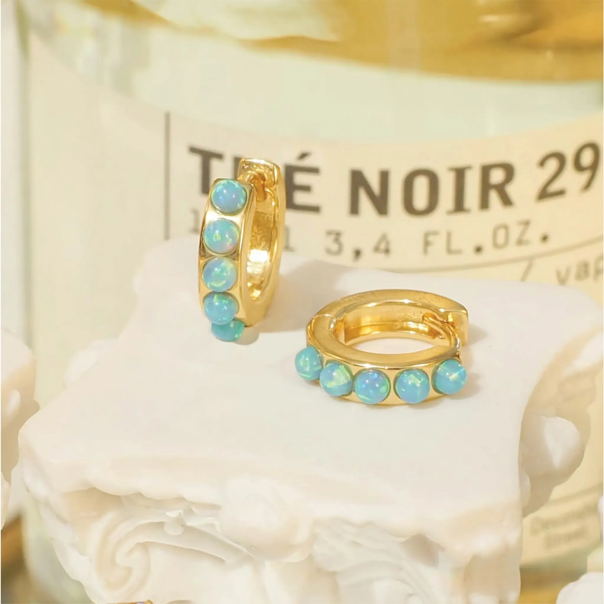 Blue Opal Huggie Hoop Earrings