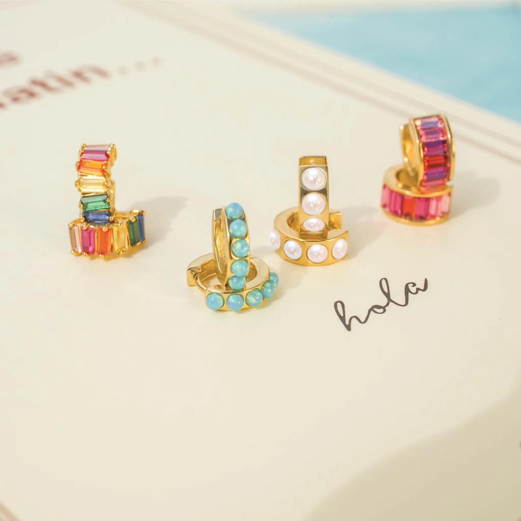 Blue Opal Huggie Hoop Earrings